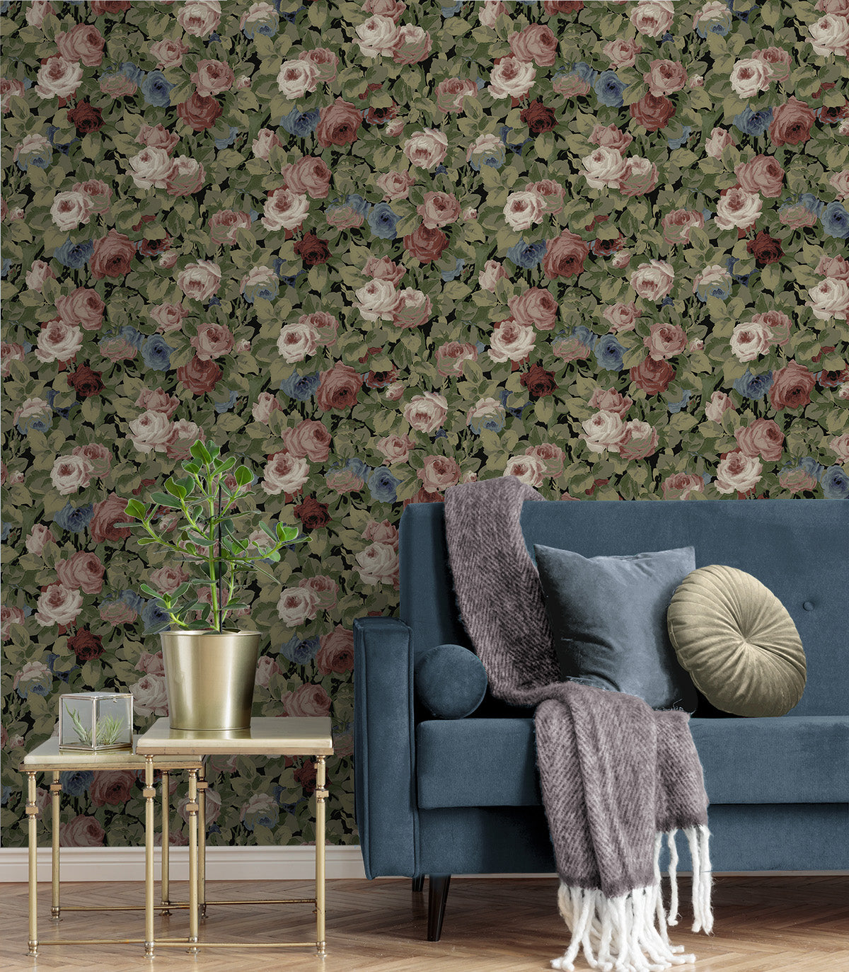 Rose Garden Olive and Wine by NextWall Peel & Stick Floral Wallpaper- NextWall NW52411