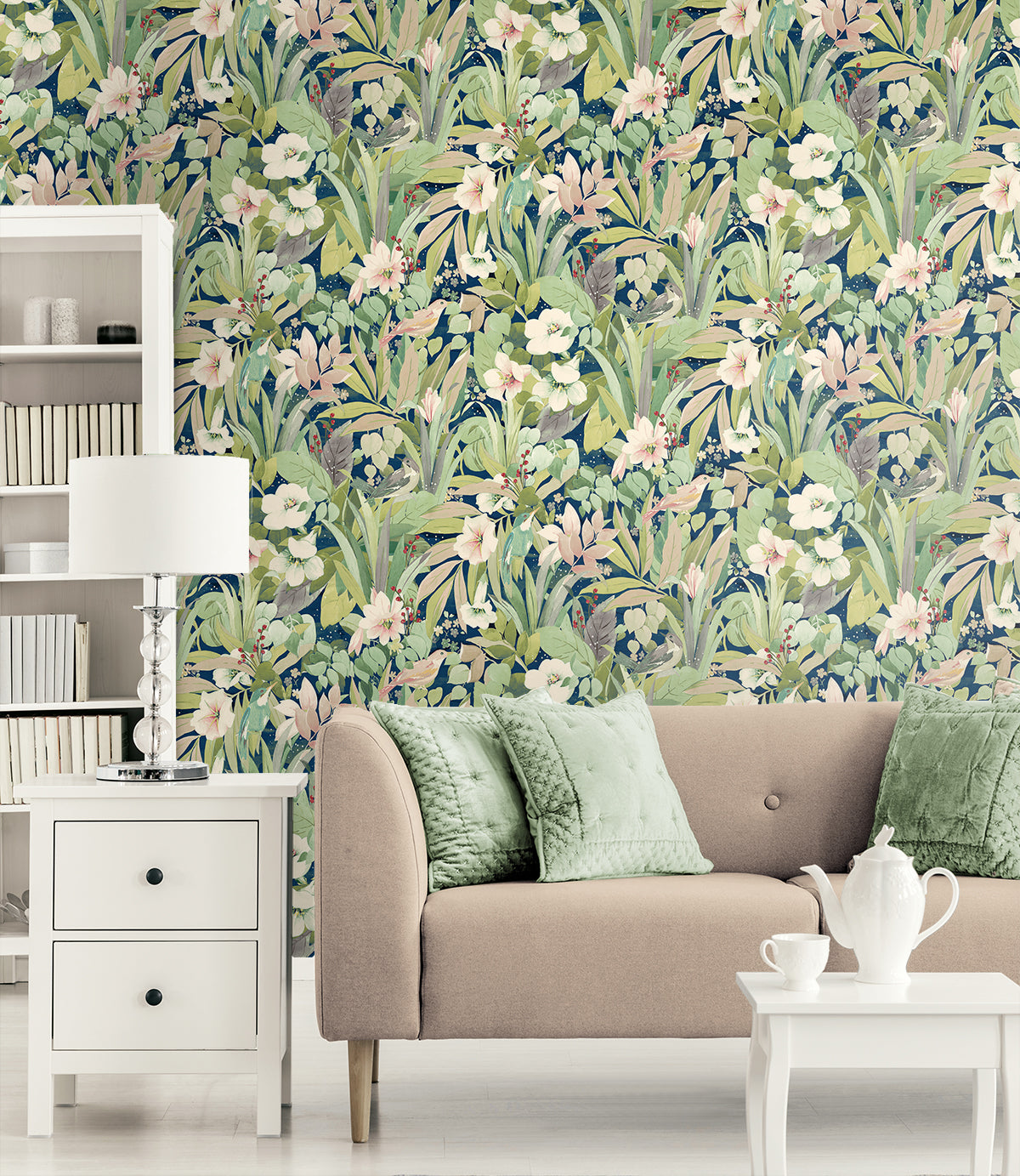Blossoming Birds Fern & Denim Blue by NextWall Peel & Stick Botanical Birds Peel & Stick Wallpaper – NextWall NW52502