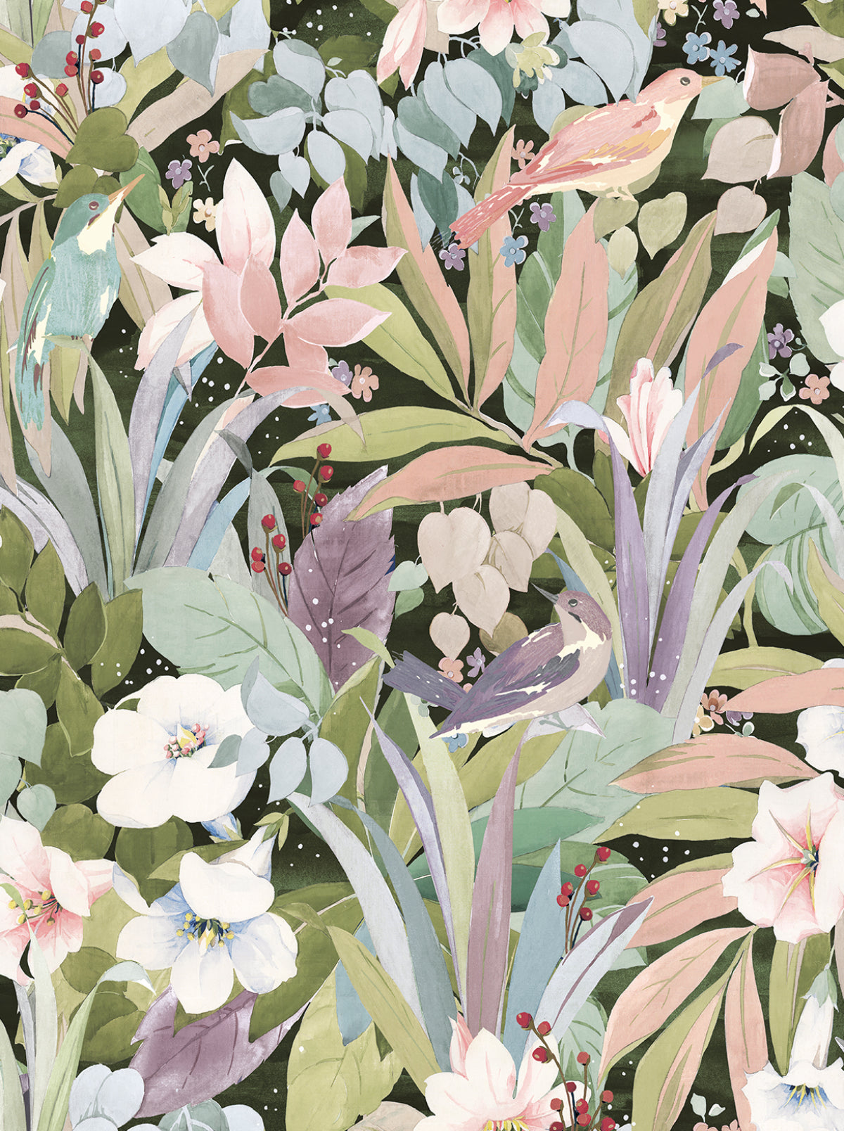 Blossoming Birds peel and stick wallpaper in forest green and petal pink with floral botanicals and birds