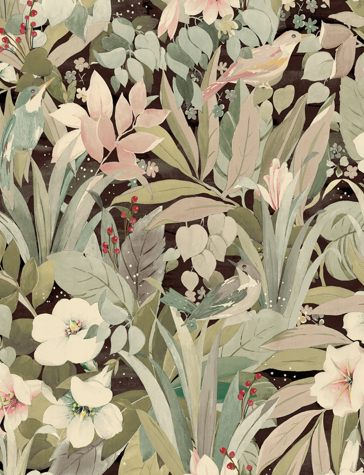 Blossoming Birds peel and stick wallpaper in sage and ash brown with birds and botanical florals
