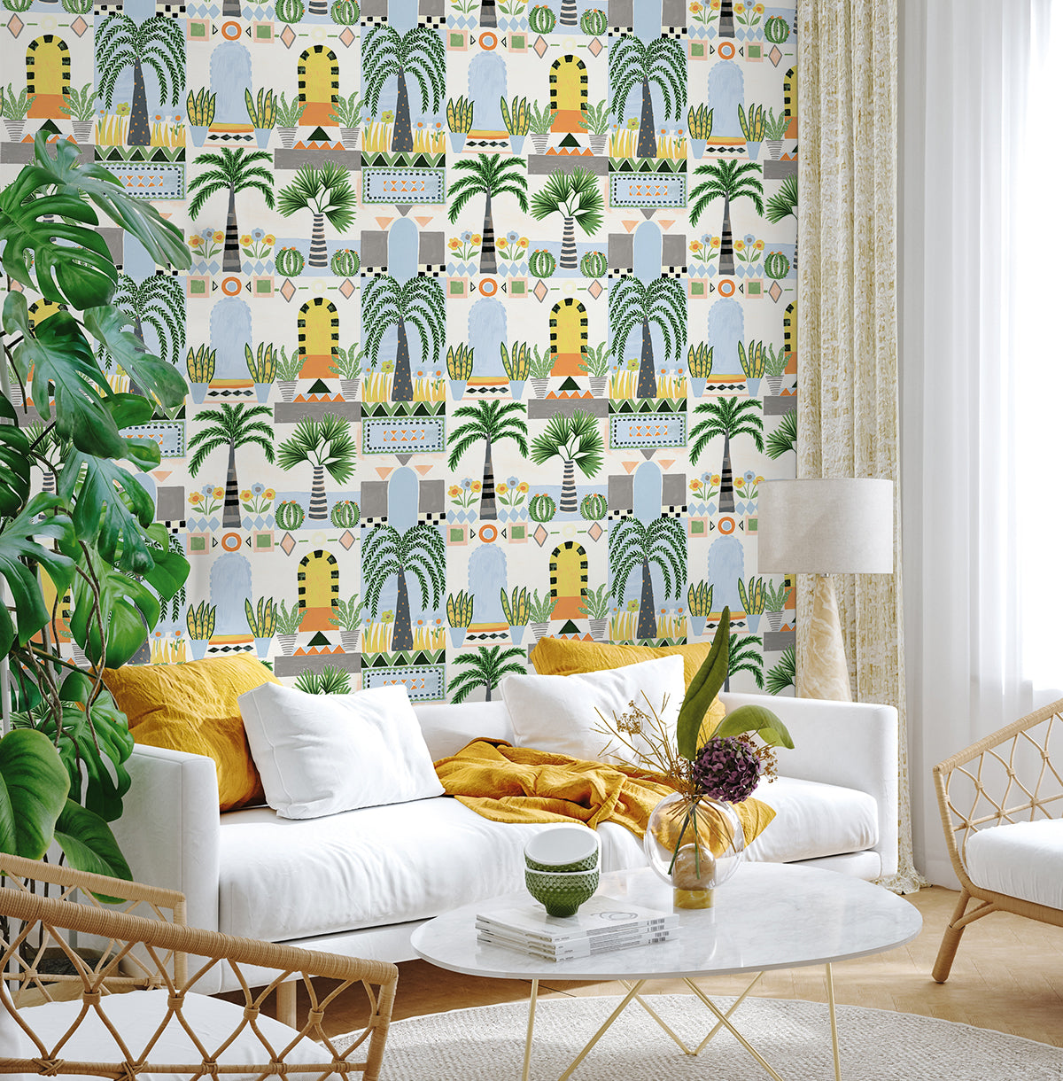 Tropical Facade Sky Blue & Off-White by NextWall Peel & Stick Tropical Peel & Stick Wallpaper – NextWall NW52600