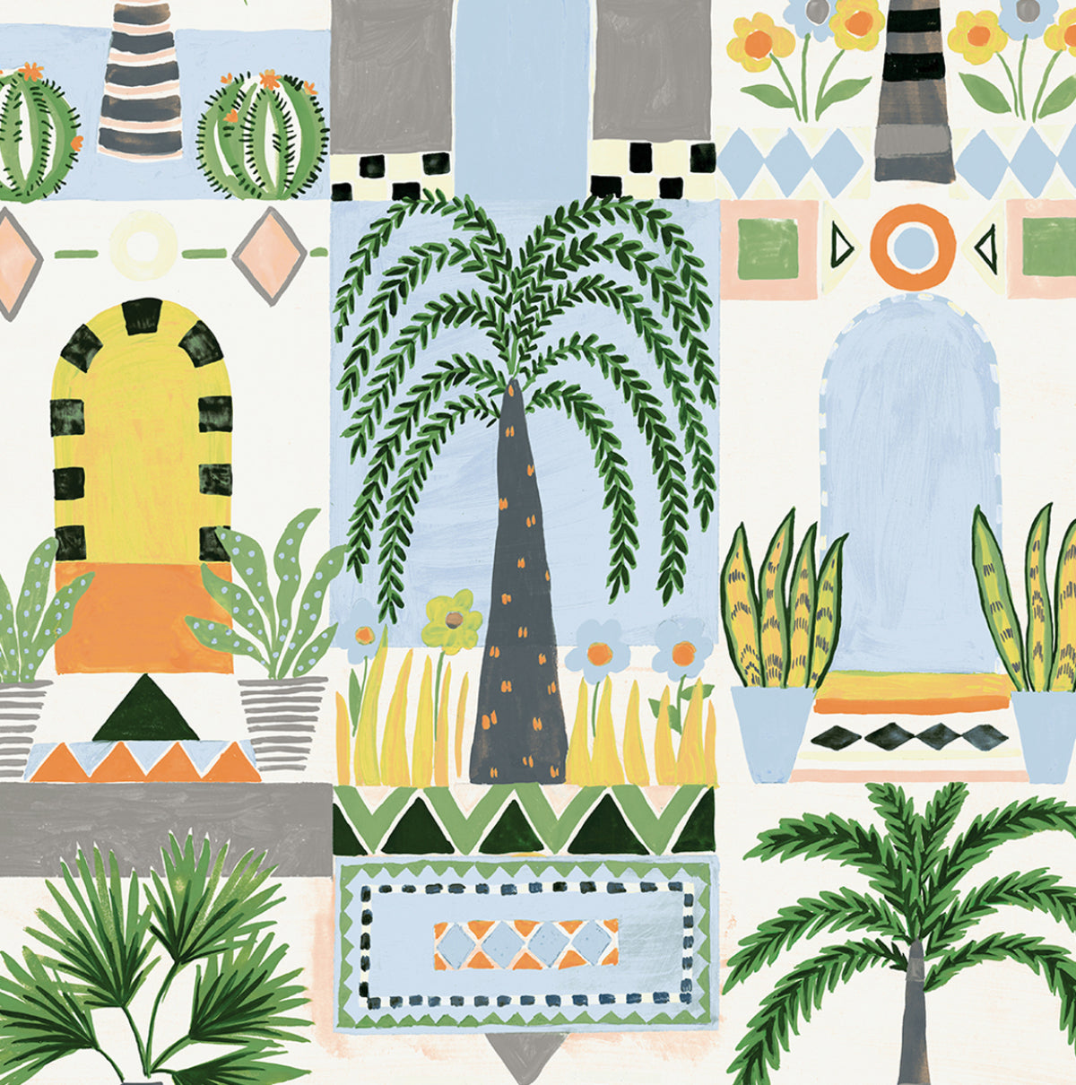 Tropical Facade peel and stick wallpaper pattern with palm trees, arches, and geometric accents in sky blue and off-white.