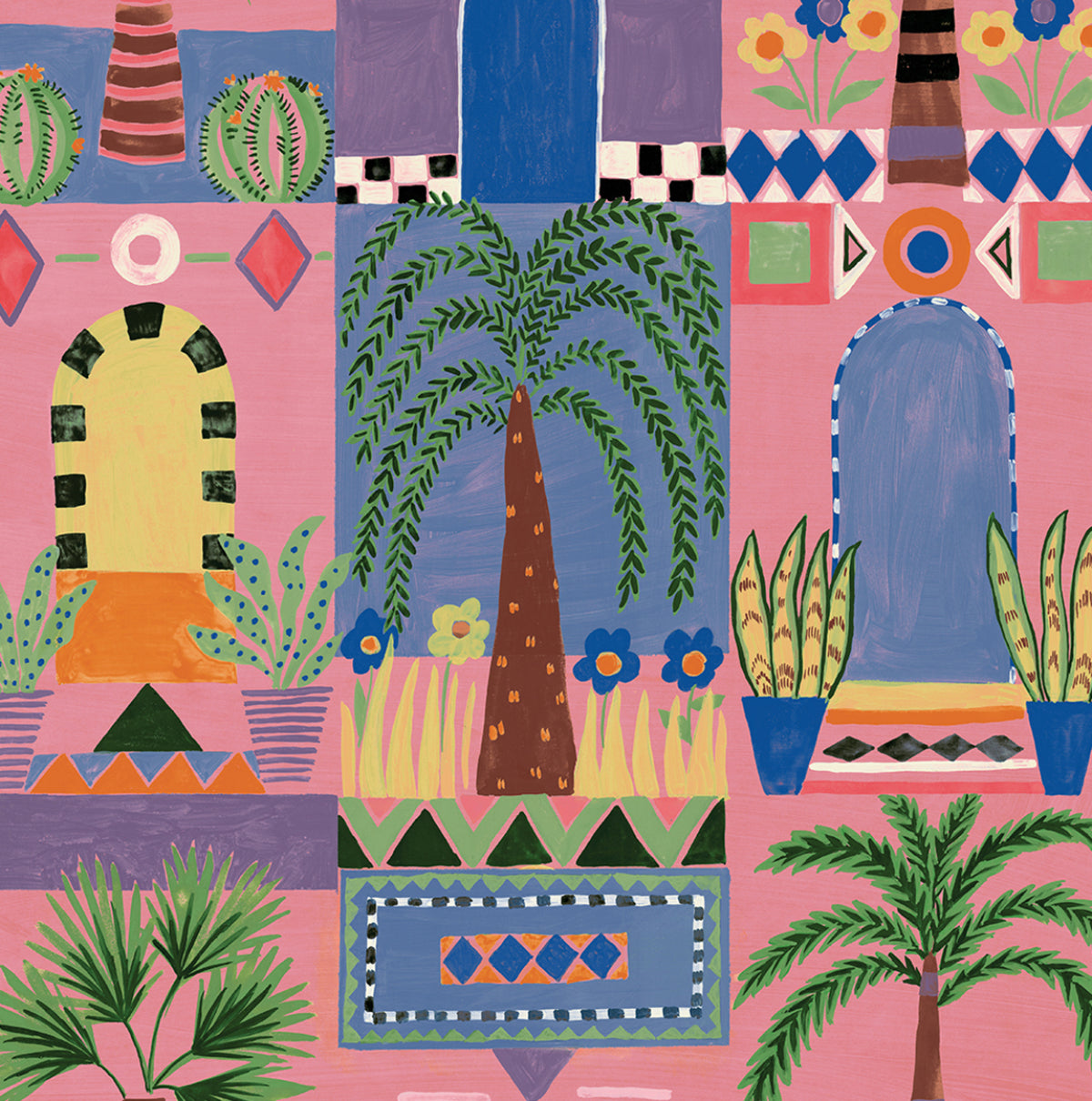 Tropical Facade pink peel and stick wallpaper with stylized tropical courtyard and palm motifs
