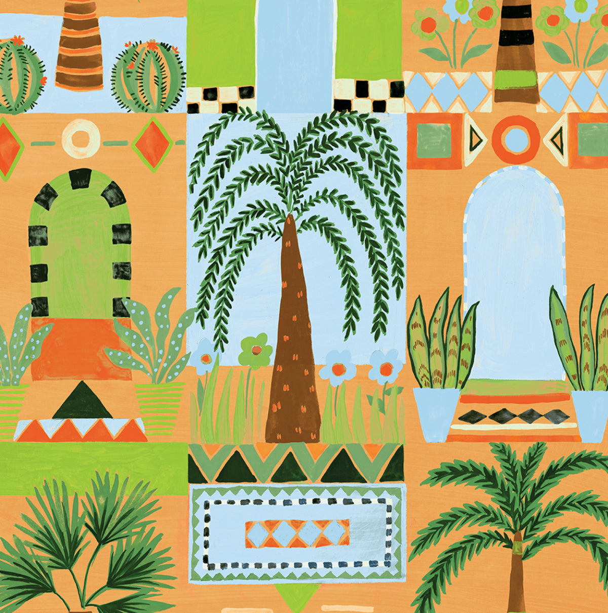 Tropical Facade peel and stick wallpaper in orange with stylized arches and palm trees