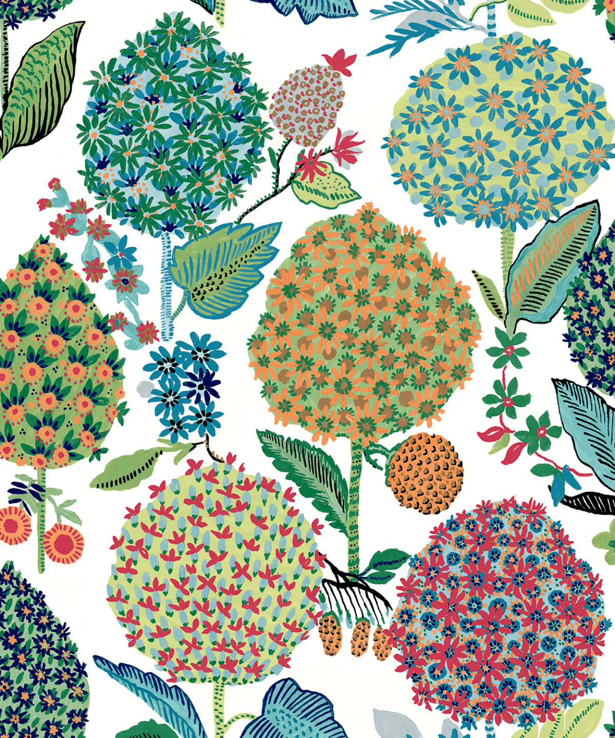 Blooming Bulbs Summer Spritz peel and stick wallpaper with colorful floral bulb motifs on a light background.