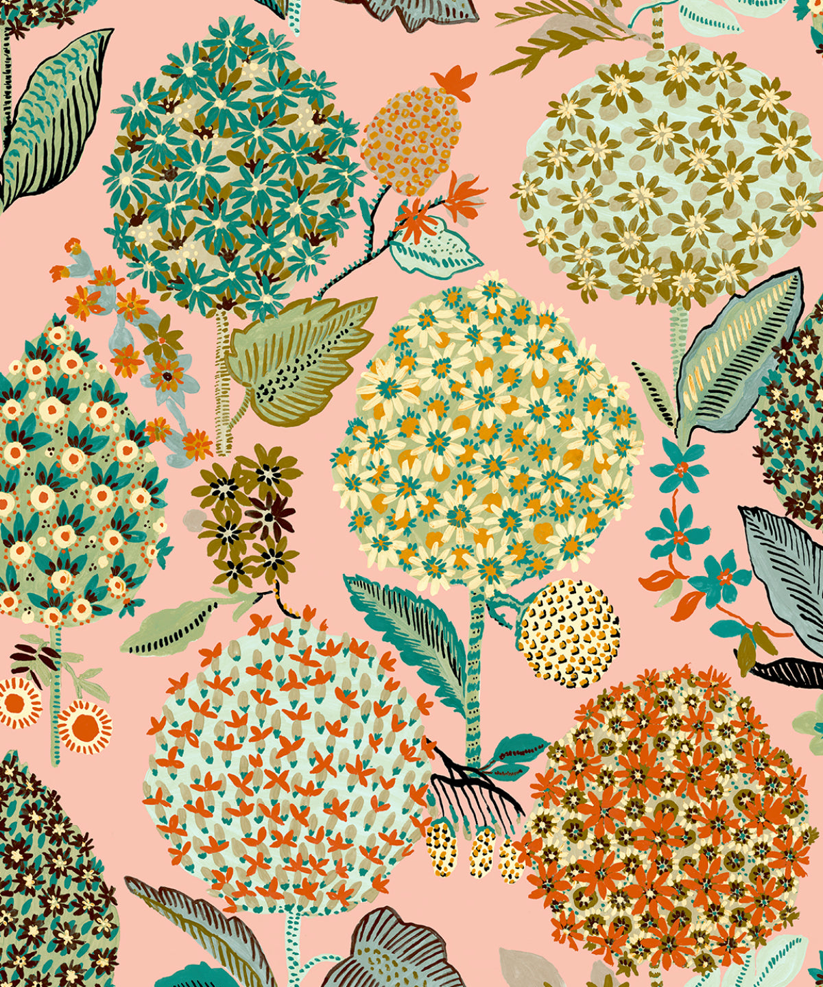 Blooming Bulbs floral wallpaper pattern with stylized bulb-like blooms and leaves on a posy pink background