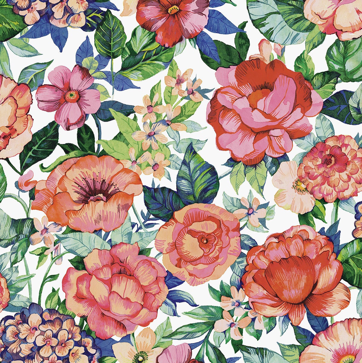 Watercolor floral garden peel and stick wallpaper with multicolor blossoms and green leaves on a white background.