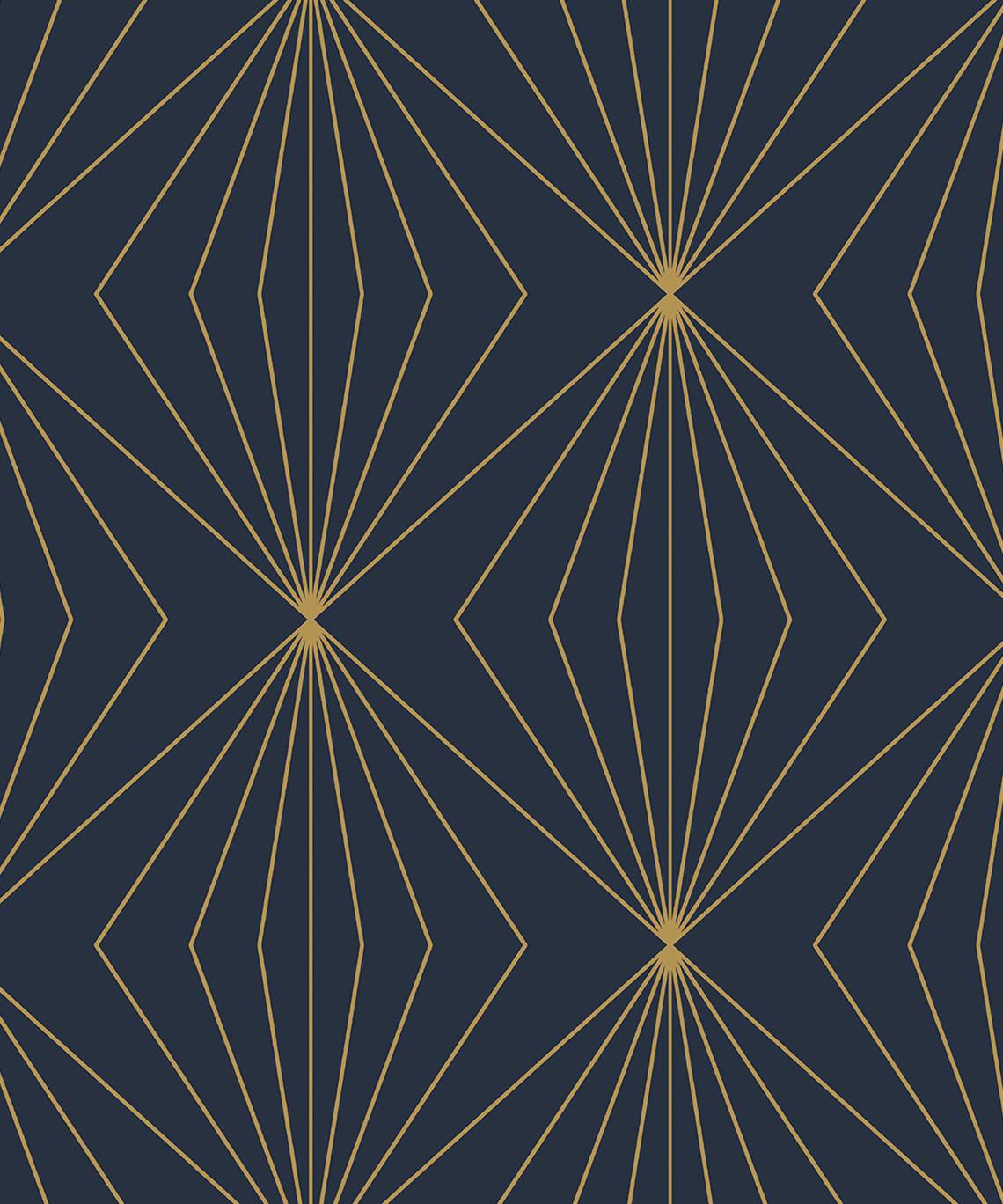 Dark blue peel and stick wallpaper with metallic gold geometric fan and diamond pattern