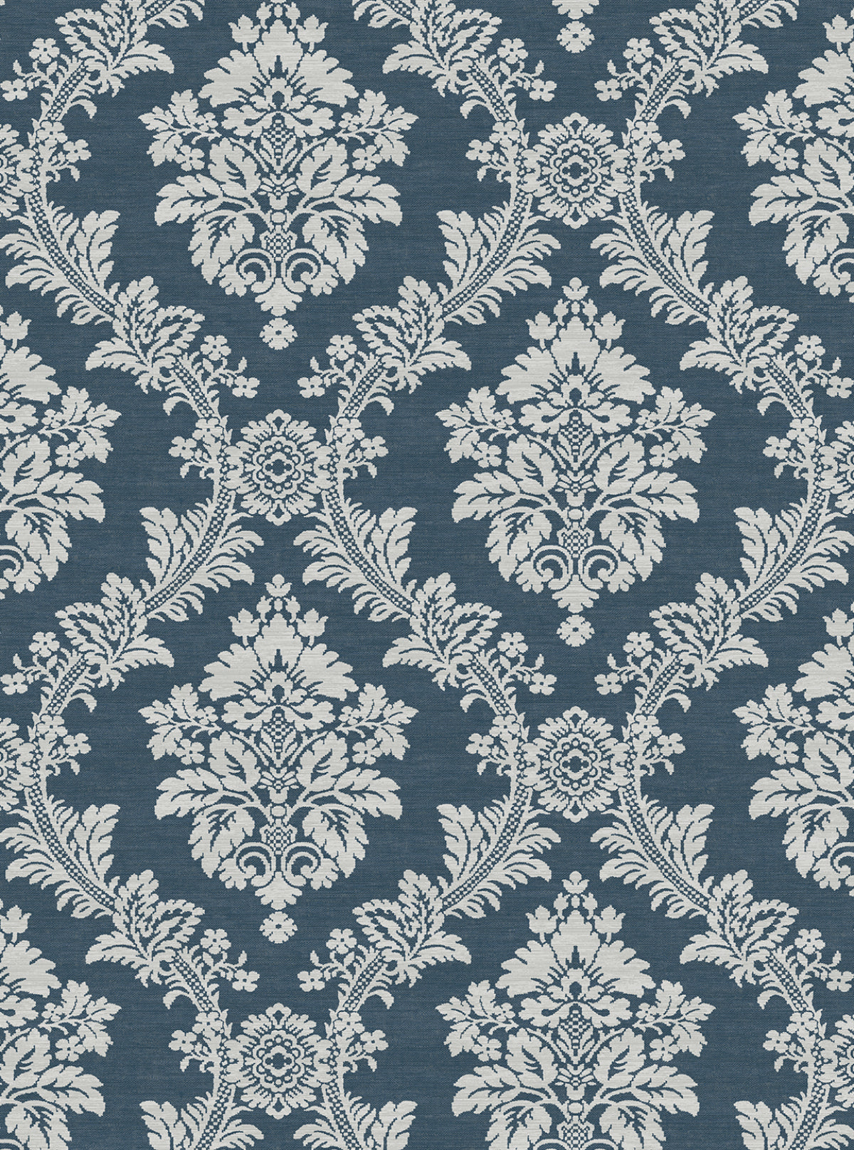 Denim blue and white traditional damask peel and stick wallpaper pattern