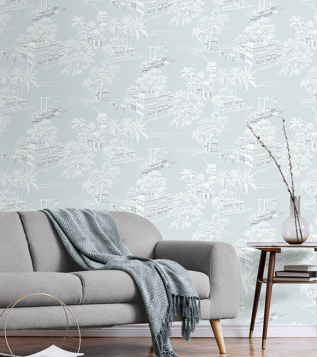 Coastline Toile Blue Mist by NextWall Peel & Stick Coastal Toile Wallpaper – NextWall NW53702