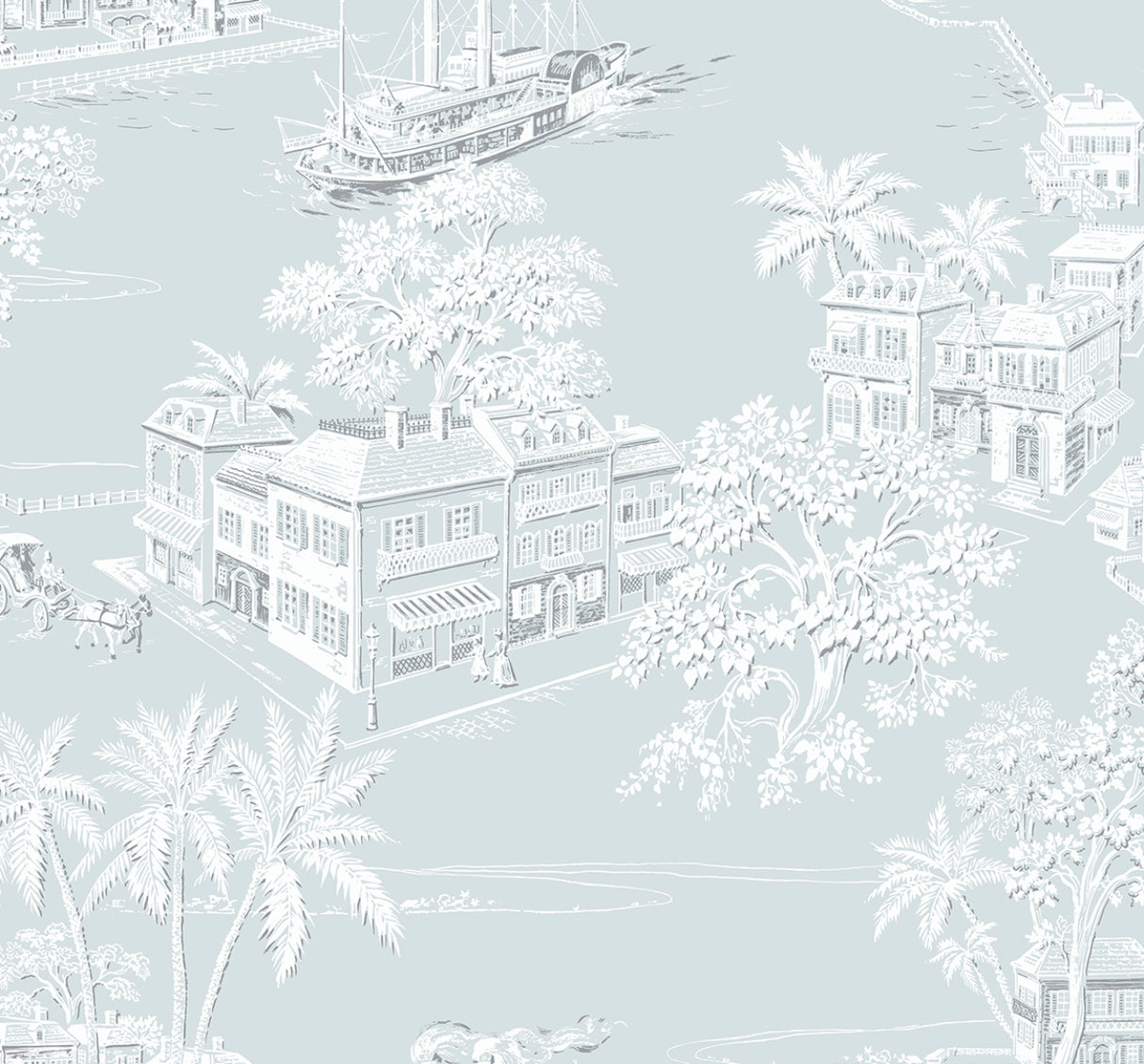 Coastline Toile peel and stick wallpaper in Blue Mist with coastal village and boats