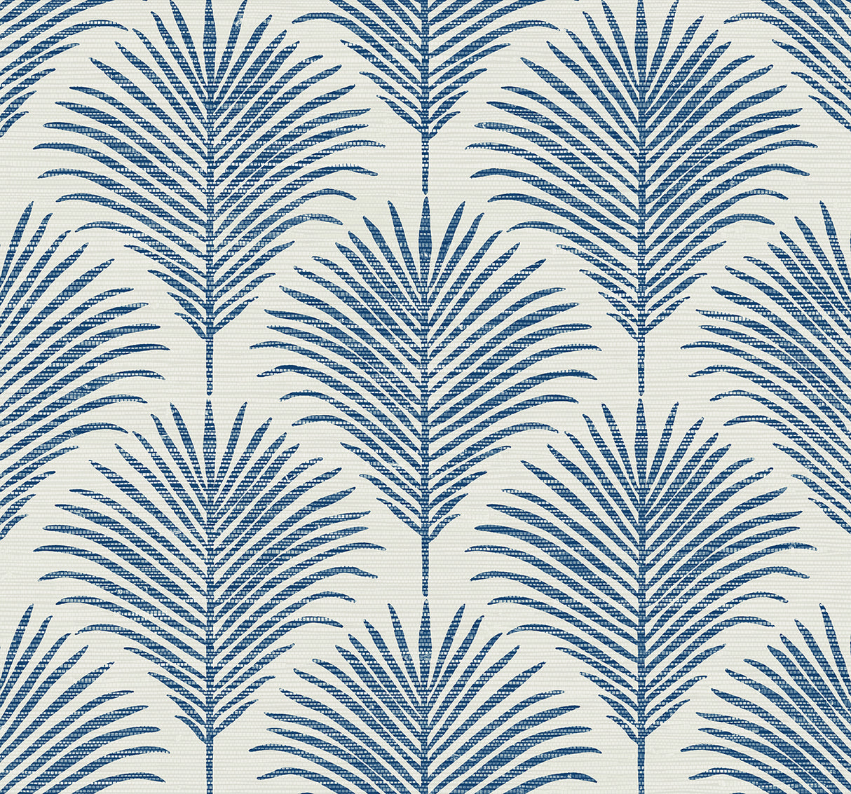 Grassland Palm peel and stick wallpaper in coastal blue with repeating palm fronds on a light background
