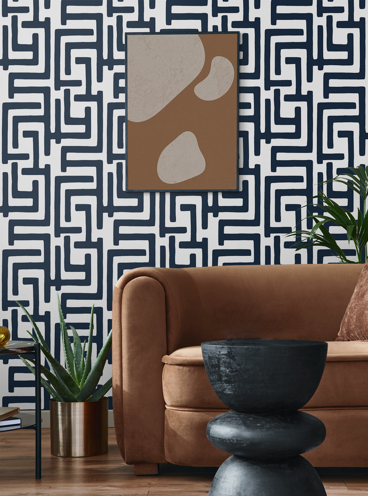 Graphic Maze Dark Blue by NextWall Peel & Stick Peel & Stick Geometric Wallpaper – NextWall NW54102