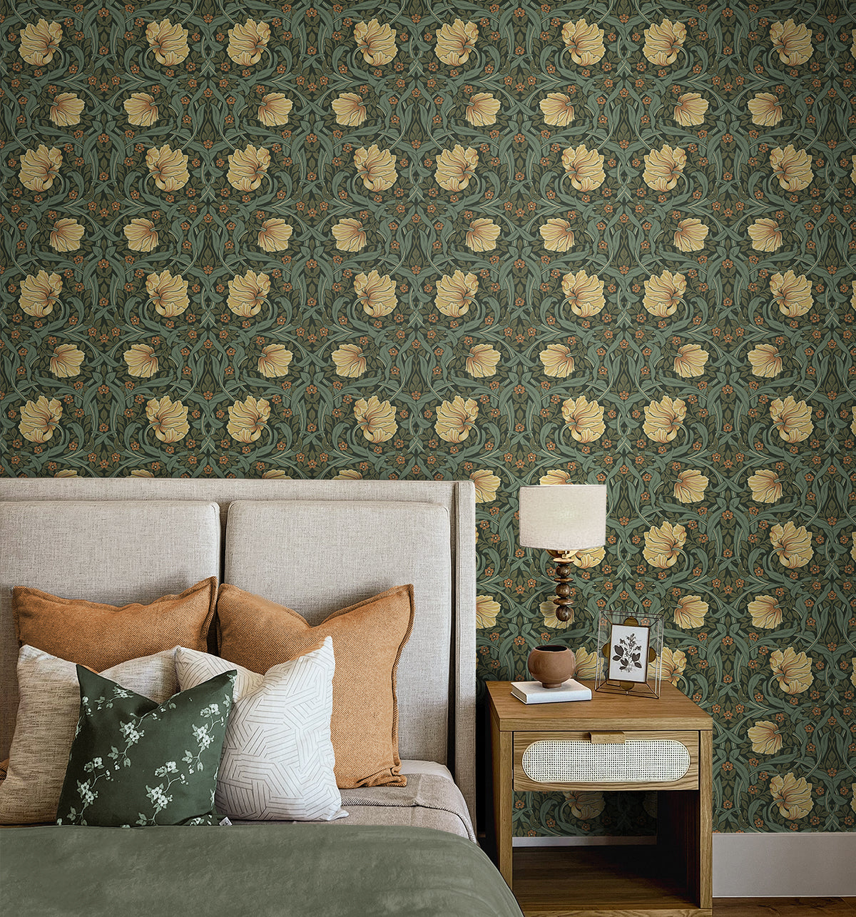 Pimpernel Garden Meadow Green & Amber by NextWall Peel & Stick Floral Vintage Wallpaper – NextWall NW54204