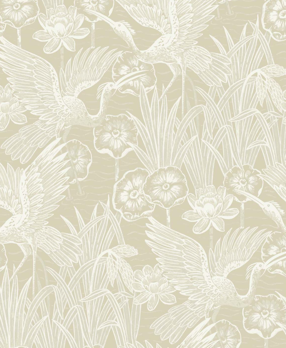 Floral Heron peel and stick wallpaper in sand beige with white herons and floral pattern
