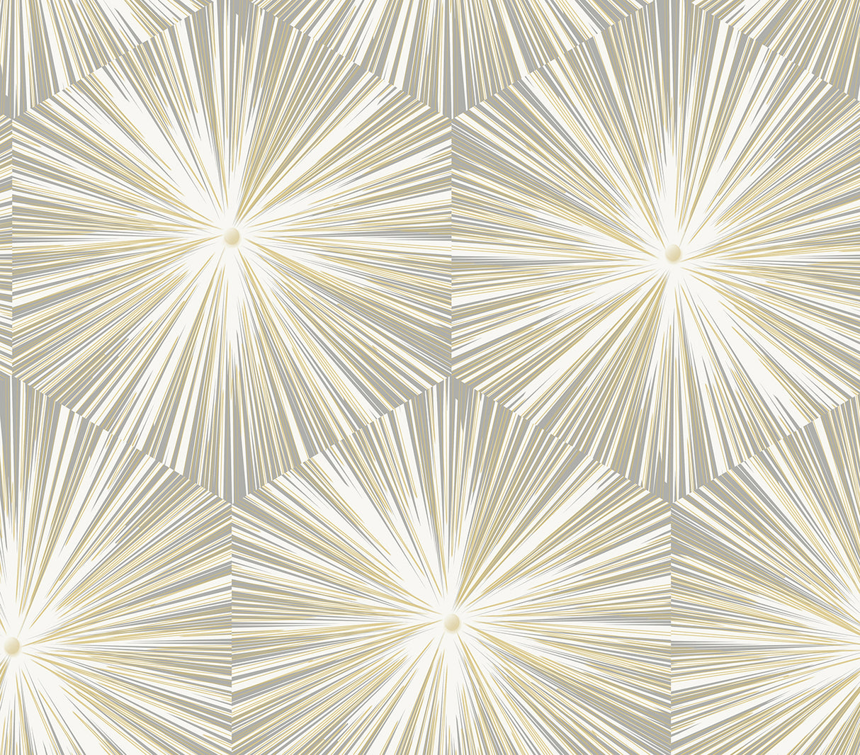 Hex Starburst peel and stick wallpaper in grey with metallic gold starburst hexagon geometric pattern.