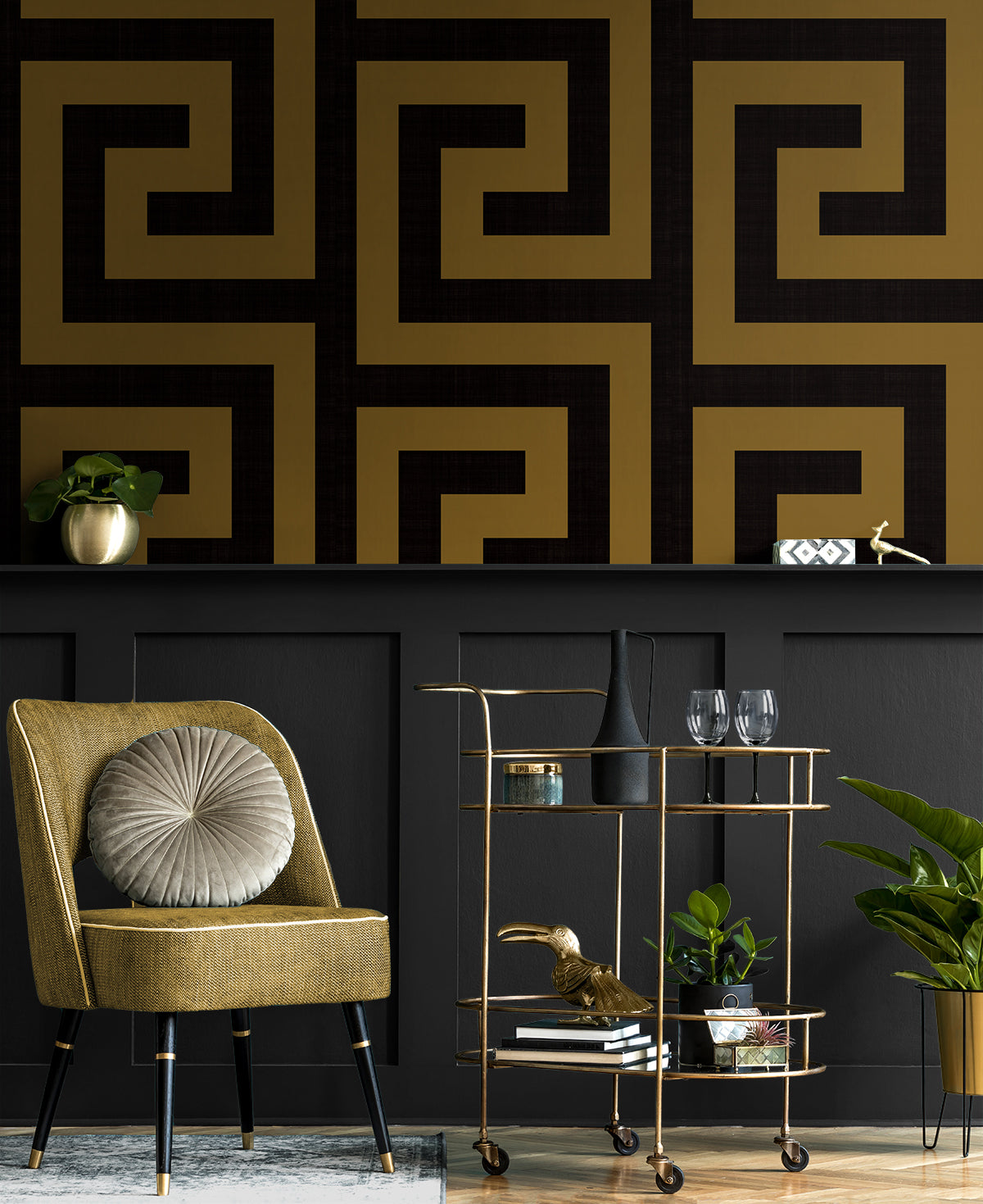 Maze Geo Ebony & Gold by NextWall Peel & Stick Geometric Metallic Wallpaper – NextWall NW55215