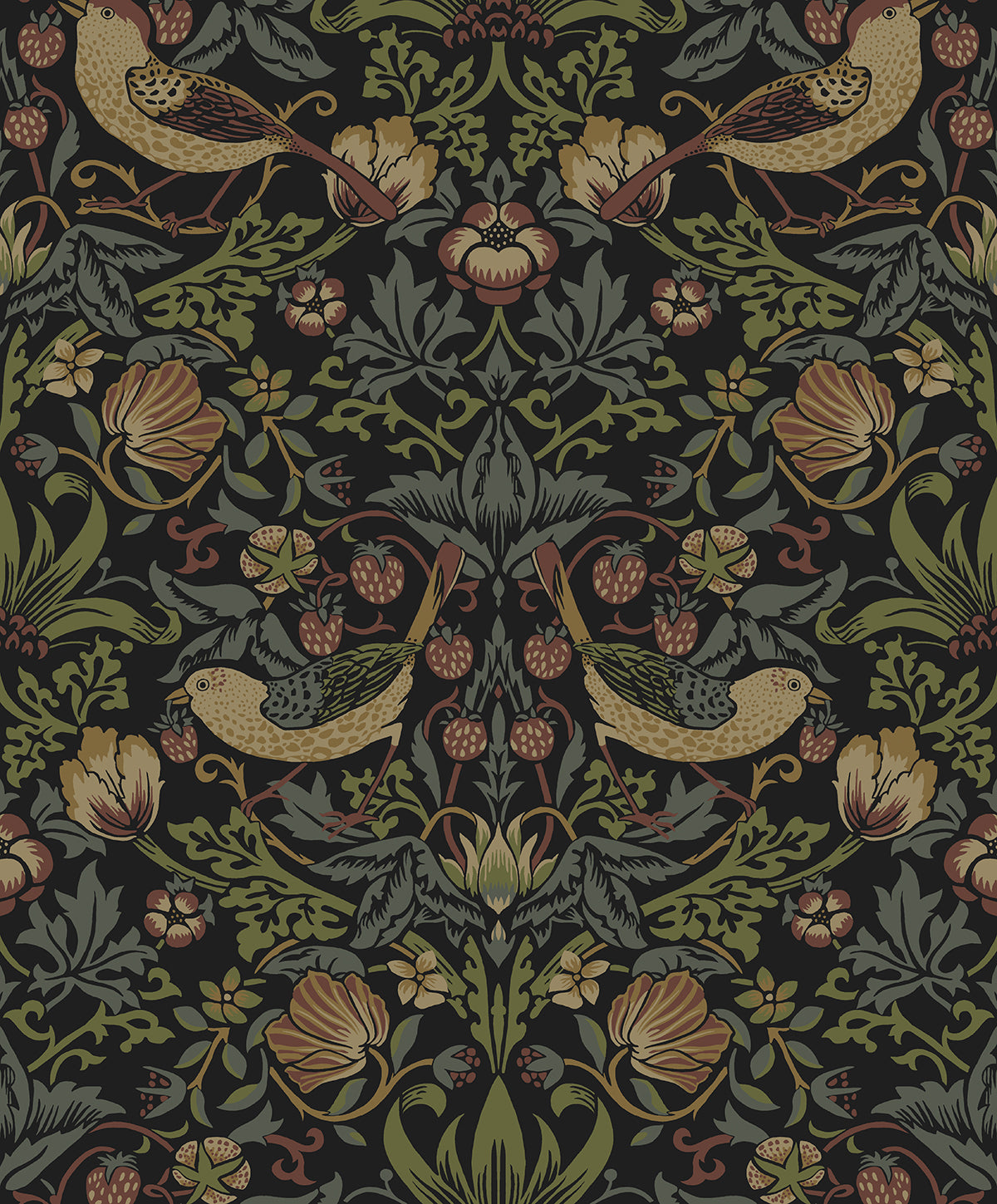 Strawberry Garden black vintage botanical peel and stick wallpaper with birds, strawberries, and foliage