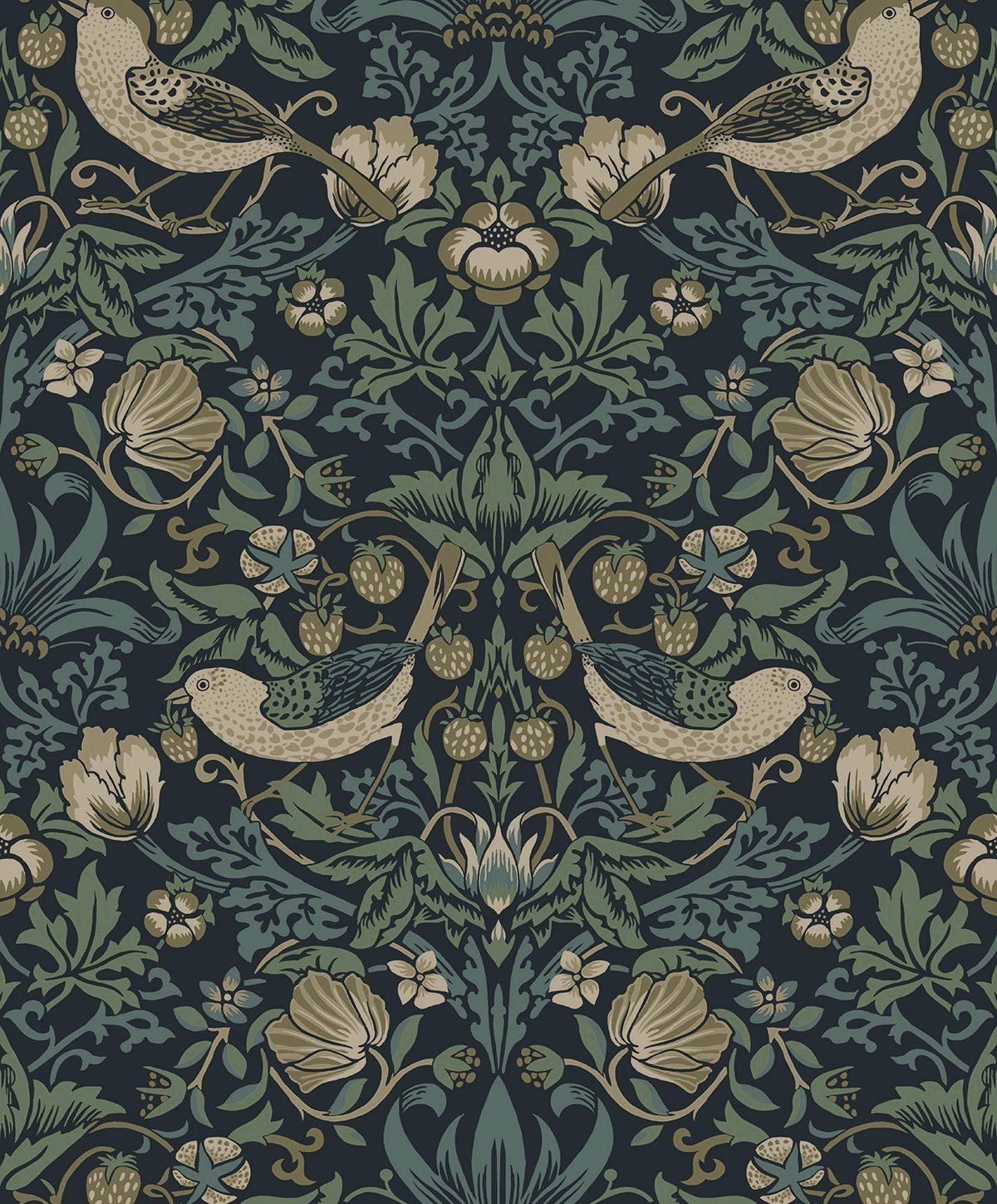 Vintage botanical peel and stick wallpaper in blue featuring birds, leafy vines, flowers, and strawberries.