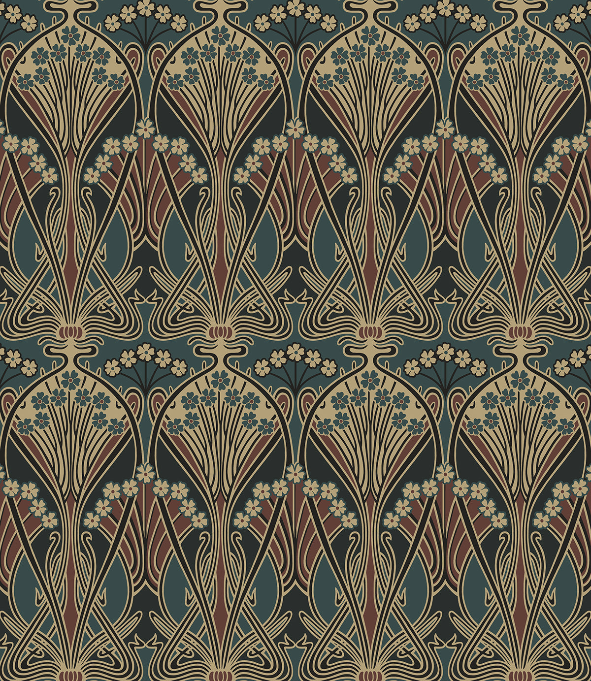 Deco Dragonfly peel and stick wallpaper in Aegean blue and clay with vintage Art Nouveau–style botanical motif.