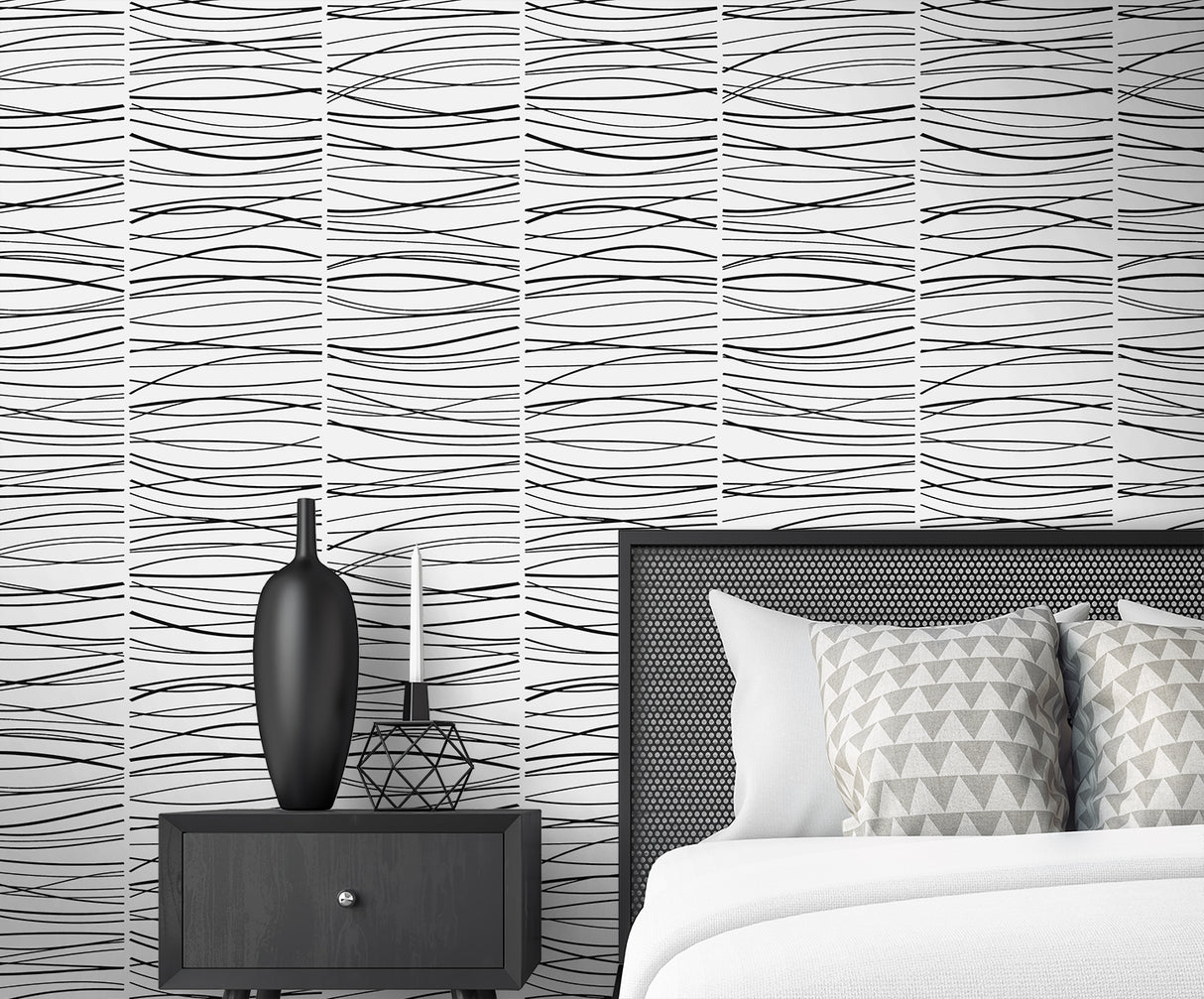 Wave Lines Black by NextWall Peel & Stick Matte Vinyl Abstract Wallpaper – NextWall NW55600