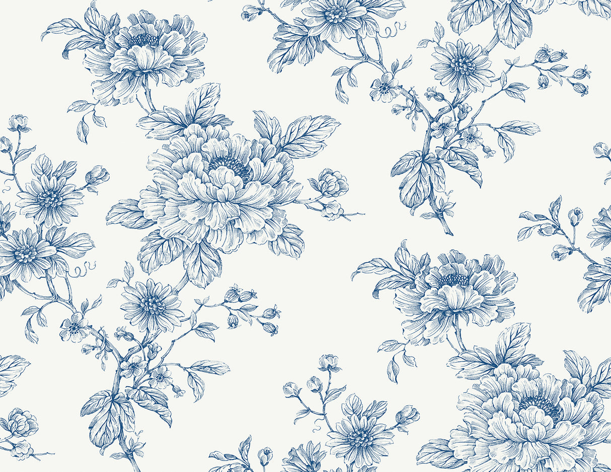 Blue sketched floral peel and stick wallpaper pattern on a light background