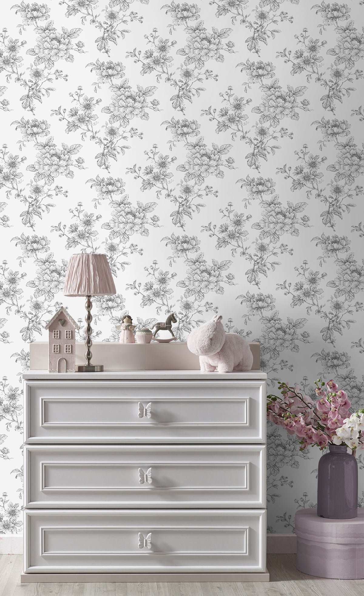 Sketched Floral Grey by NextWall Peel & Stick Floral Peel & Stick Wallpaper – NextWall NW55708-Sample