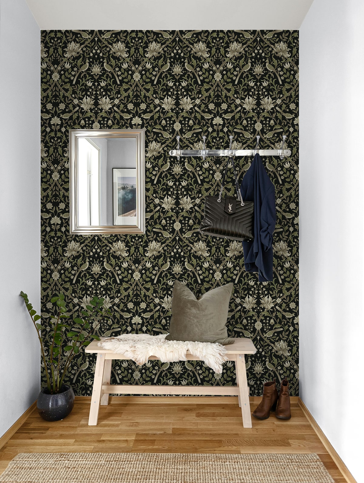 Vintage Bird Ogee Ebony & Rosemary by NextWall Peel & Stick Botanical Bird Ogee Peel & Stick Wallpaper – NextWall NWS058300