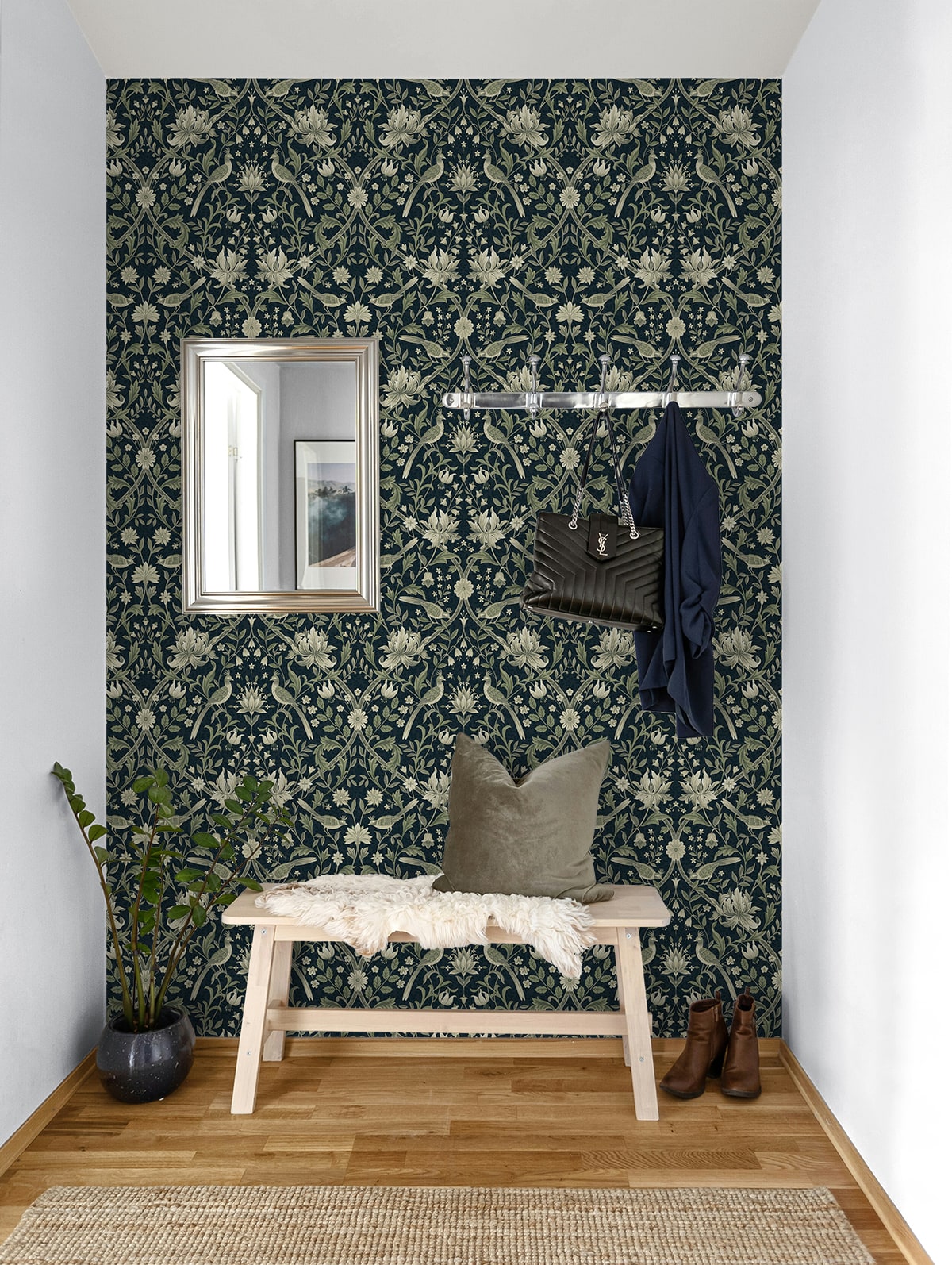 Vintage Bird Ogee Blue and Sage by NextWall Peel & Stick Botanical Bird Ogee Peel & Stick Wallpaper – NextWall NW58302