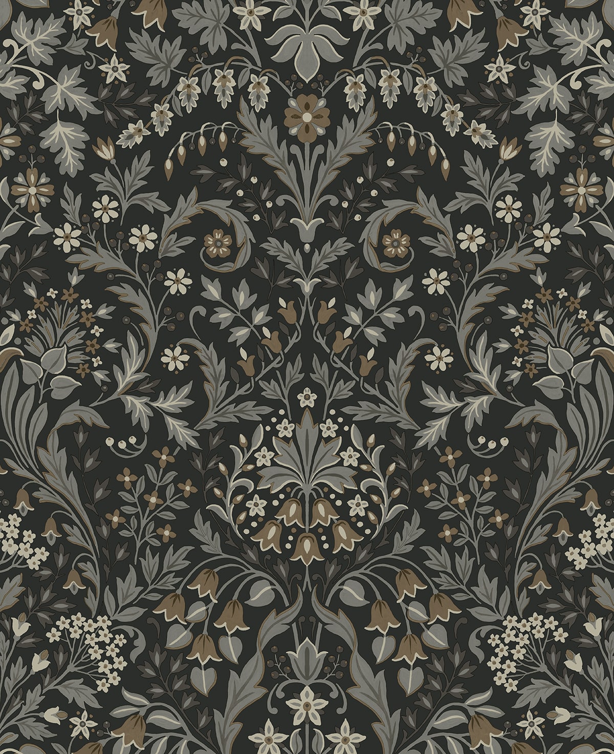 Filigree Floral peel and stick wallpaper in Charcoal & Pavestone with vintage botanical filigree motif