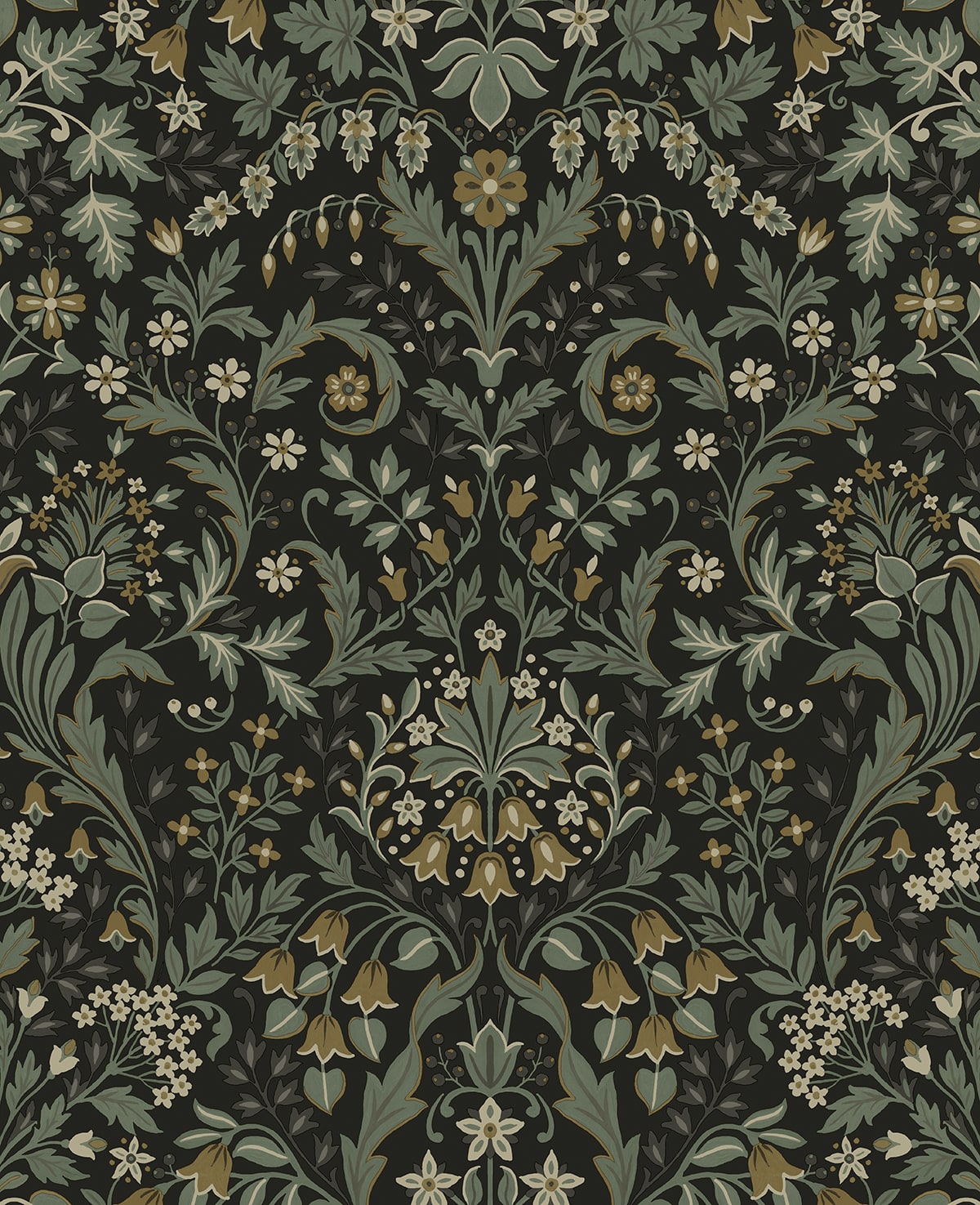 Filigree Floral peel and stick wallpaper in Ebony & Sage with vintage botanical vines and flowers