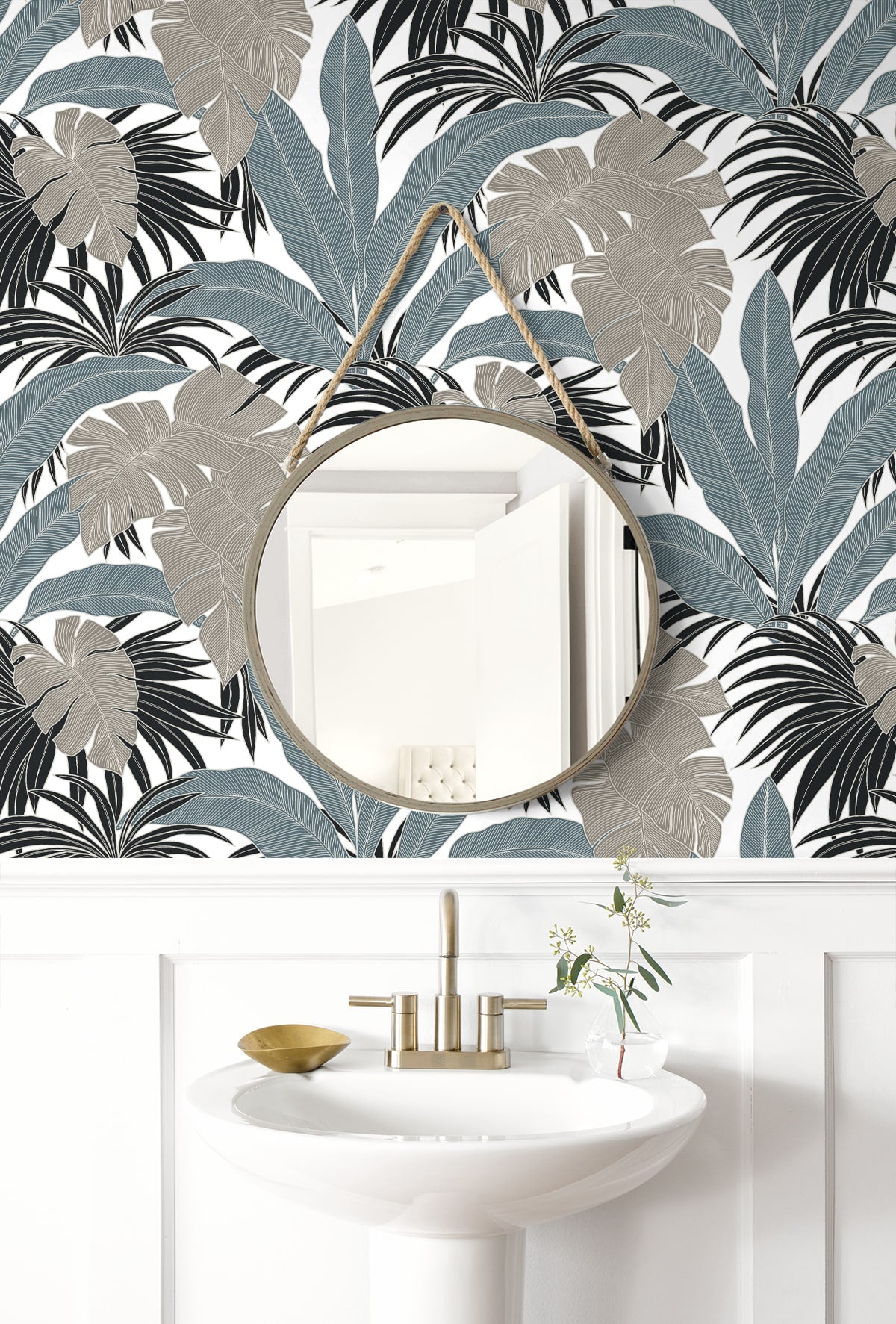 Laguna Leaf Bluestone & Grey by NextWall Peel & Stick Tropical Botanical Wallpaper- NextWall NW58708