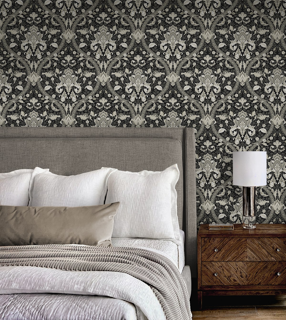 Acanthus Ogee Ebony & Cliffside by NextWall Peel & Stick Peel & Stick Wallpaper – NextWall NW59000-Sample