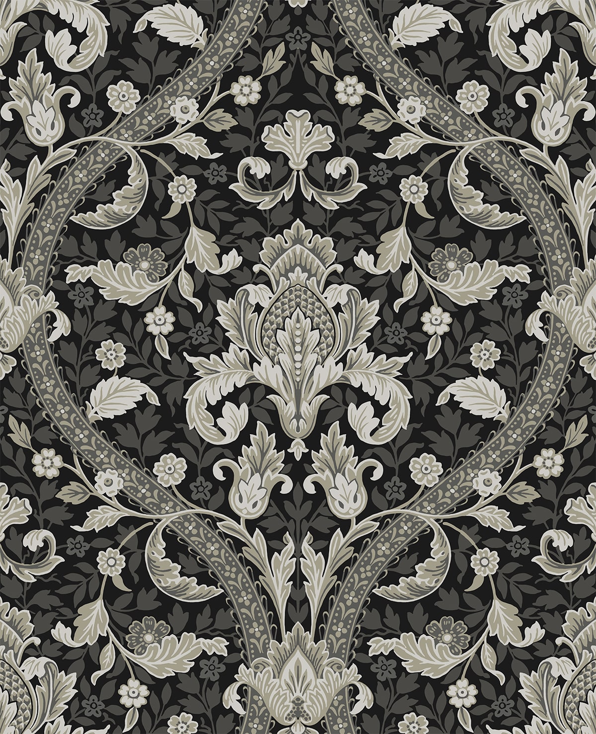 Acanthus Ogee Ebony & Cliffside by NextWall Peel & Stick Peel & Stick Wallpaper – NextWall NW59000-Sample