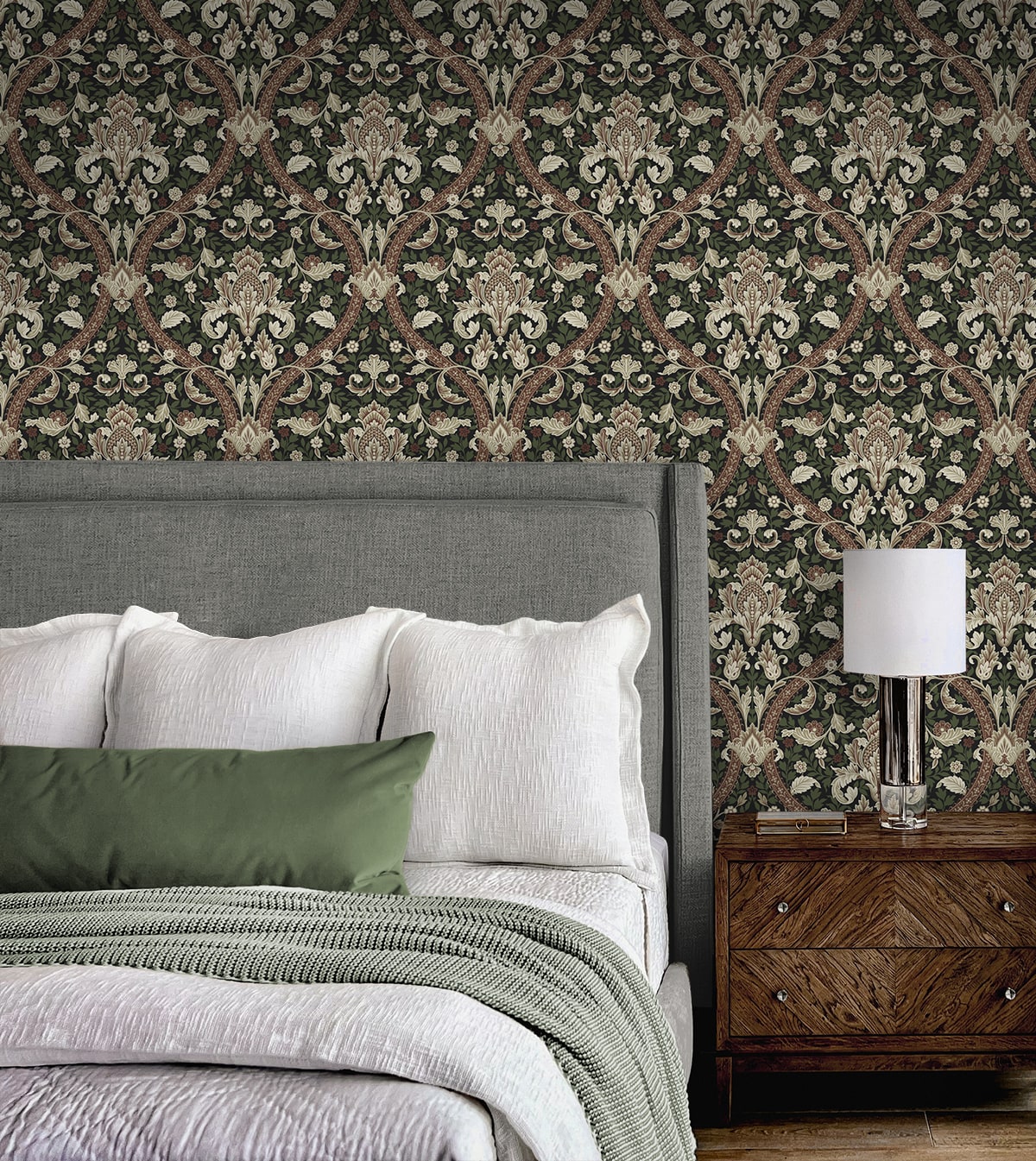 Acanthus Ogee Ebony & Clay by NextWall Peel & Stick Peel & Stick Wallpaper – NextWall NW59001