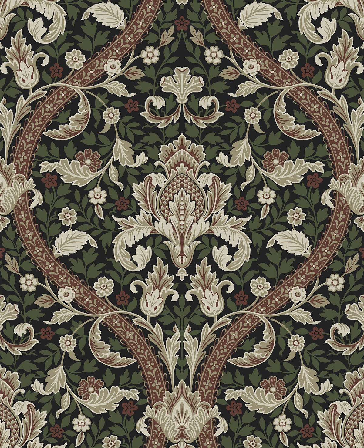 Acanthus Ogee peel and stick wallpaper in Ebony & Clay (vintage botanical ogee)