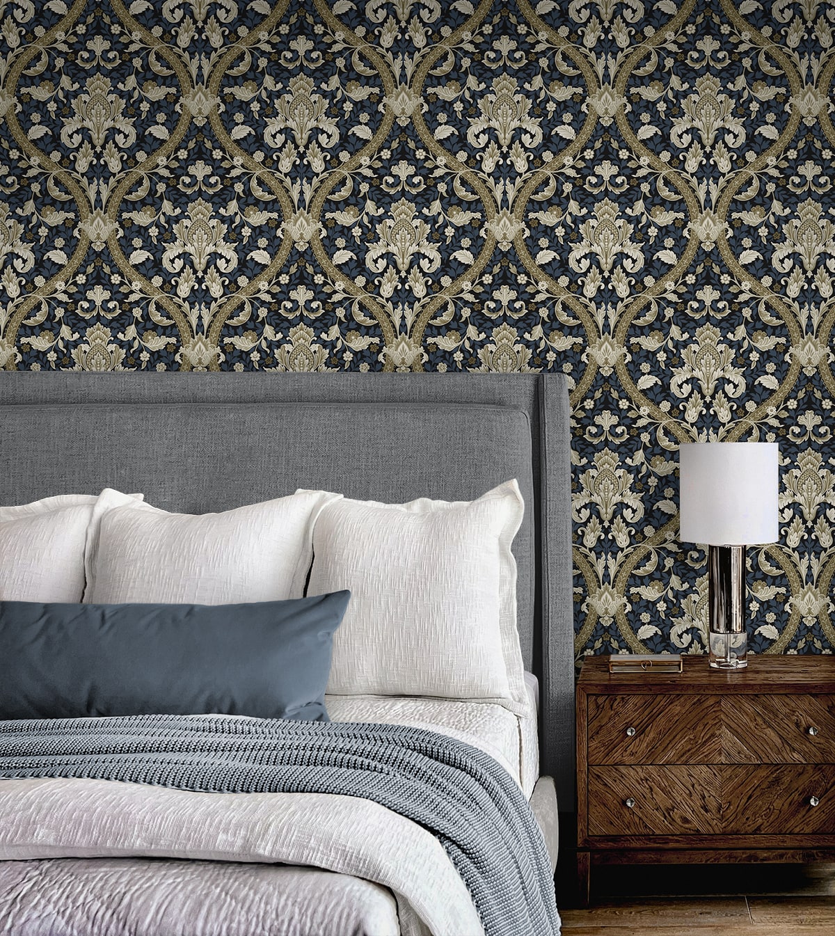 Acanthus Ogee Blue & Natural by NextWall Peel & Stick Botanical Ogee Peel & Stick Wallpaper – NextWall NW59002 -Sample
