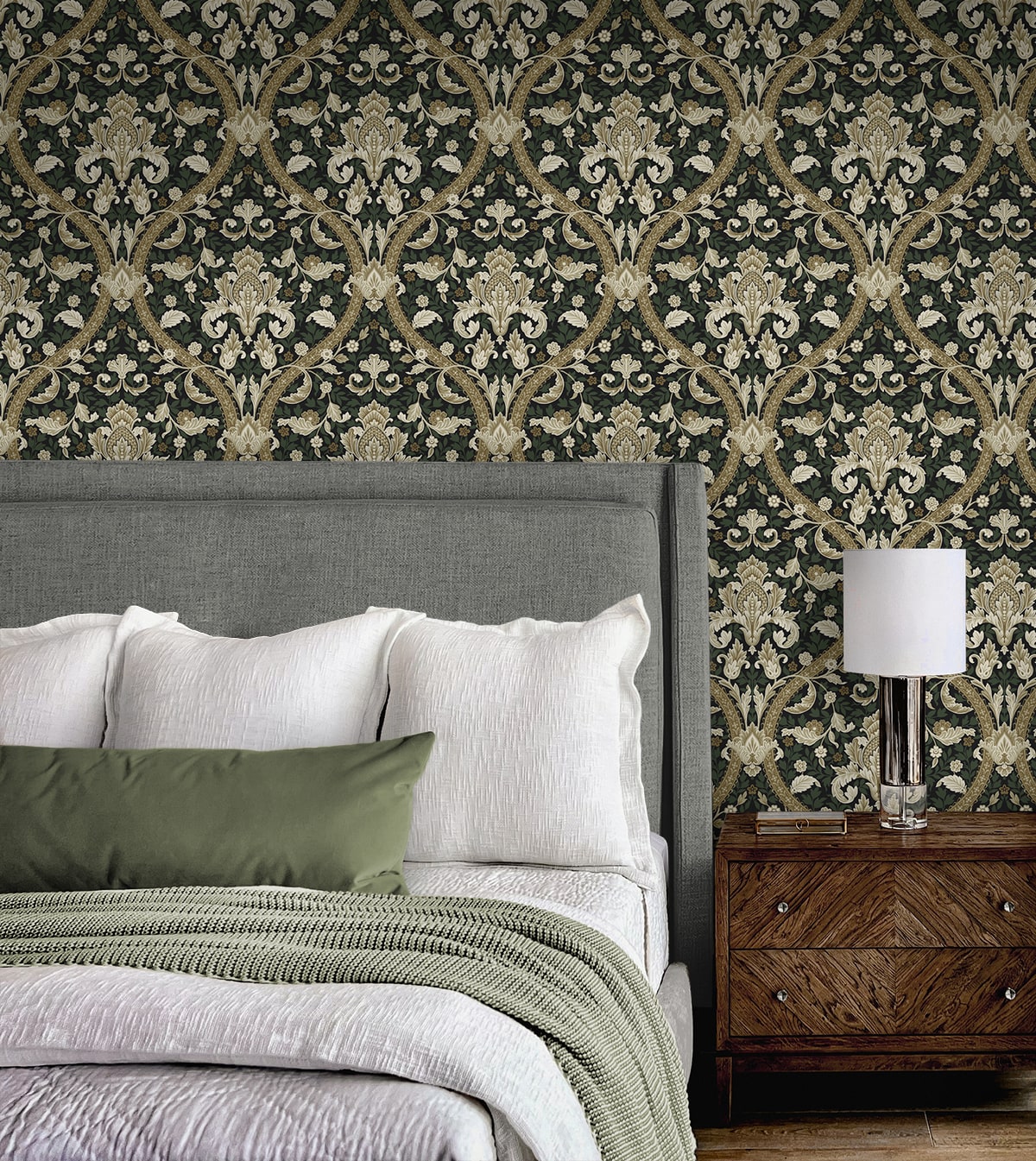 Acanthus Ogee Ebony & Green by NextWall Peel & Stick Vintage Botanical Ogee Wallpaper – NextWall NW59004