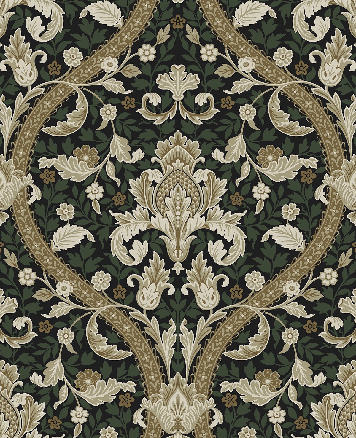 Acanthus Ogee peel and stick wallpaper pattern in ebony black and green with vintage botanical ogee design