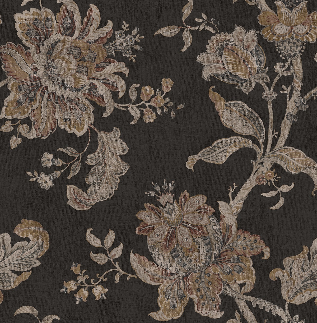 Anelda Jacobean peel and stick wallpaper in Ironwork & Russett floral pattern on a dark background by NextWall (NW59100).