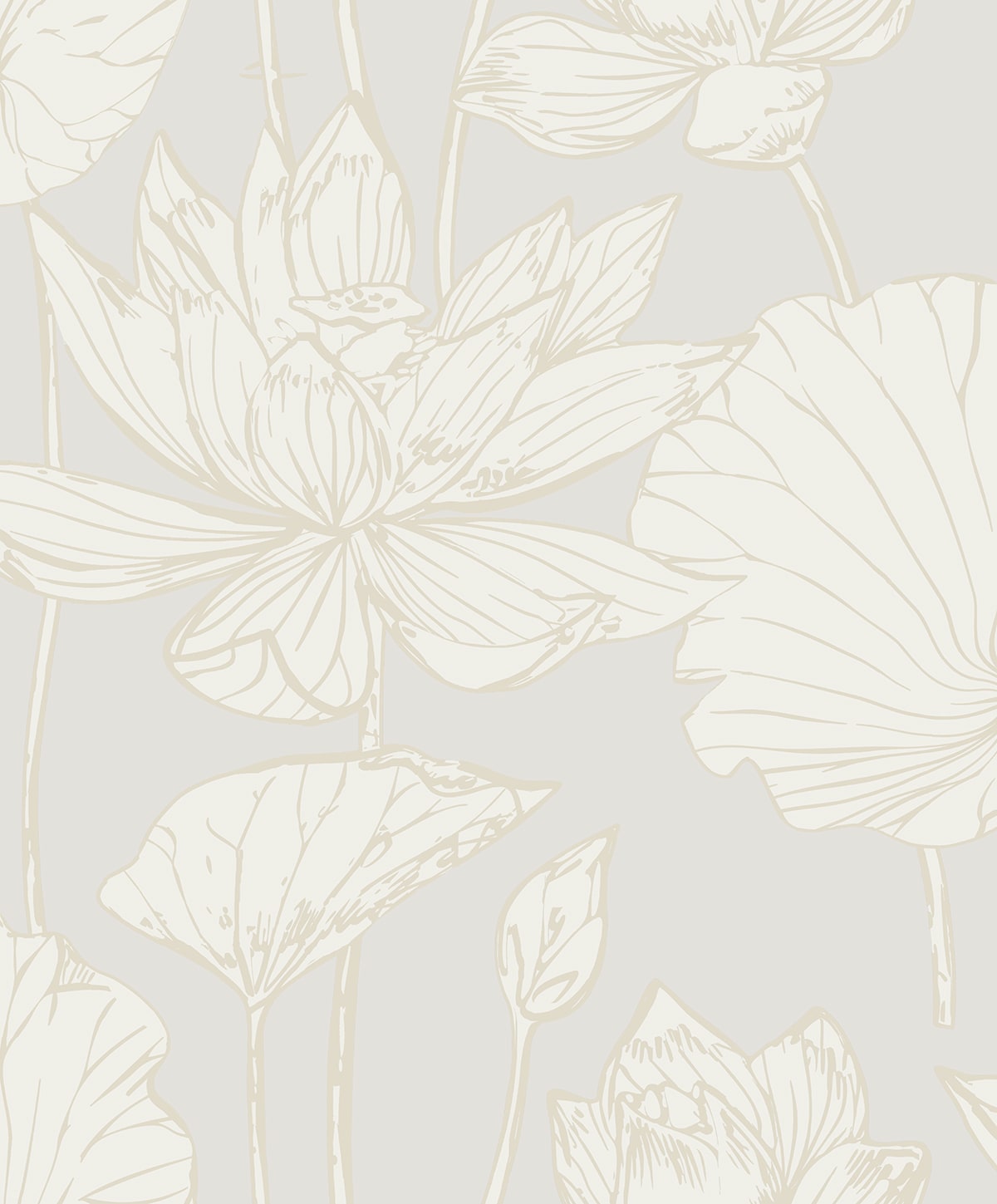 Lotus Garden Floral peel and stick wallpaper in pearl with large line-drawn lotus flowers and leaves.
