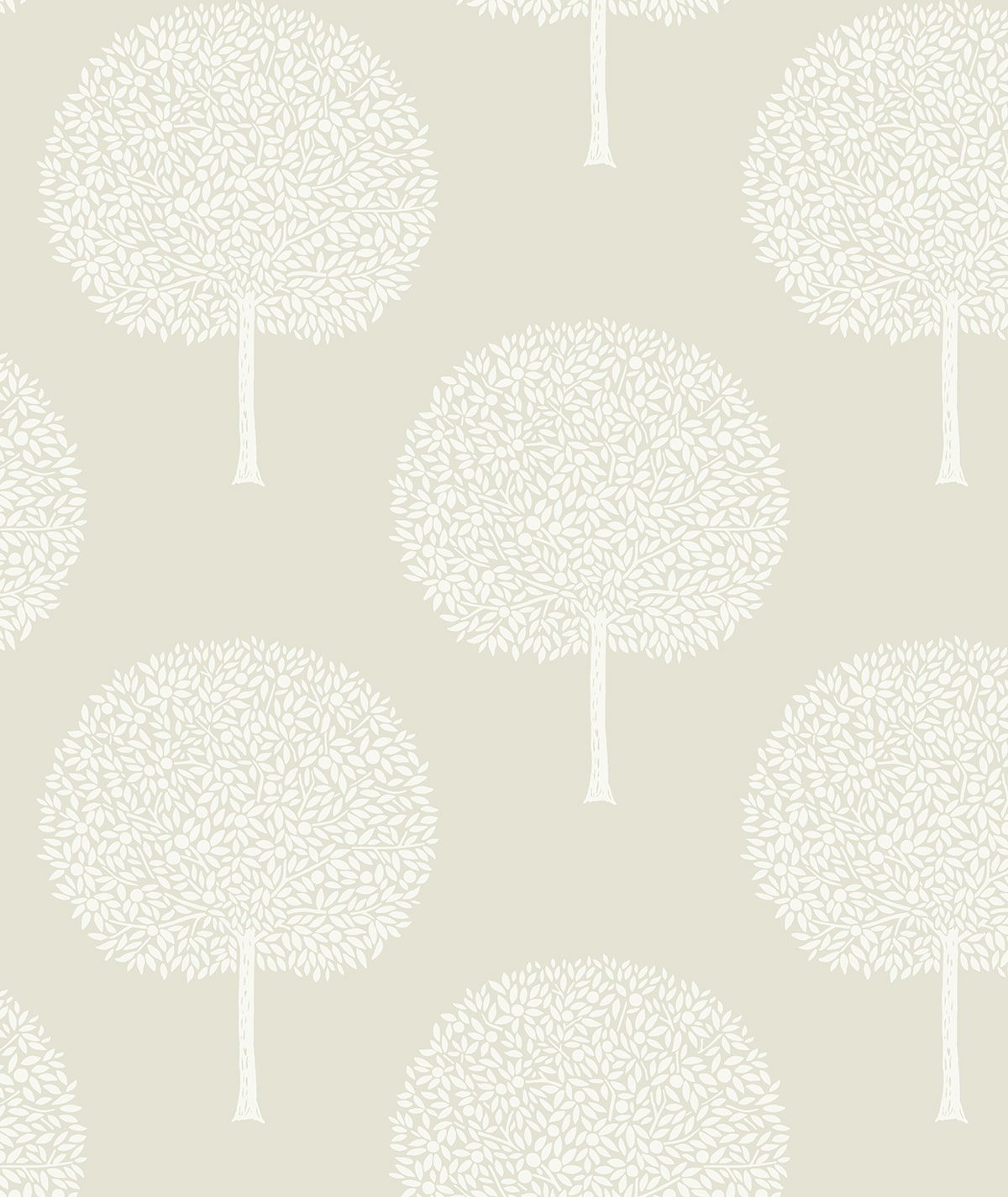 Tree Orchard peel and stick wallpaper pattern in Sea Salt with stylized white trees on a soft neutral background