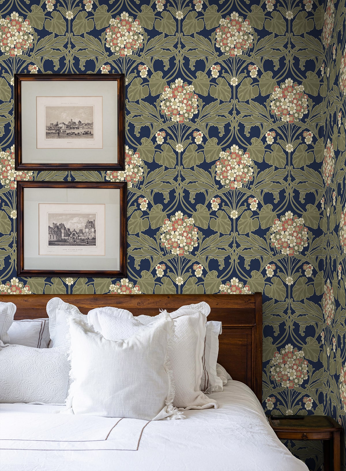 Hydrangea Floral Dark Blue & Terra Cotta by NextWall Peel & Stick Floral Wallpaper – NextWall NW60402