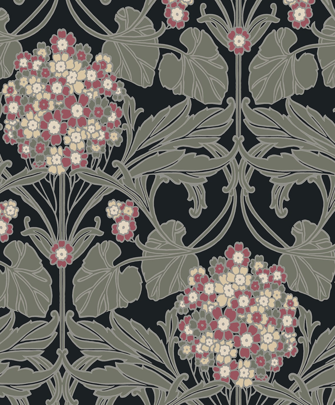 Hydrangea Floral peel and stick wallpaper pattern in black with rosewood and soft neutral florals