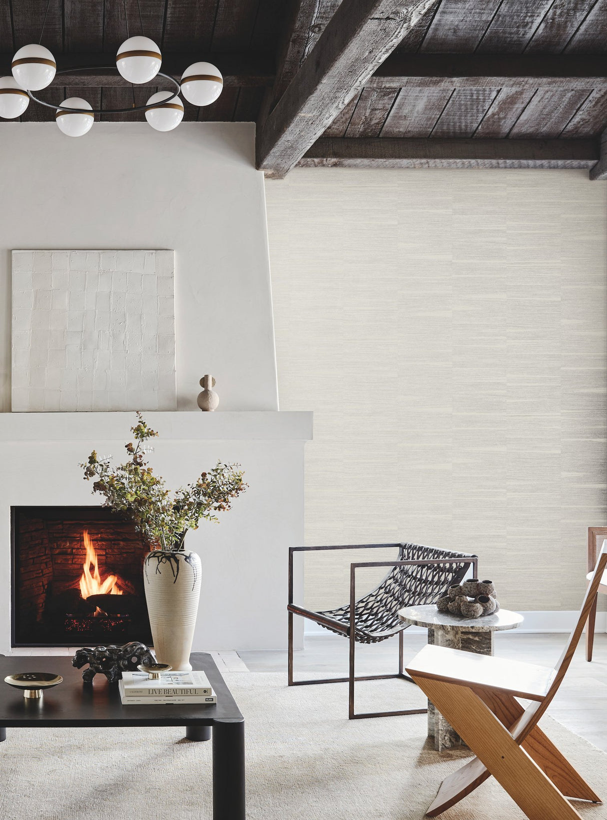 Line Stripe Putty Wallpaper with Metallic Textured Grasscloth Motif - York OI0666