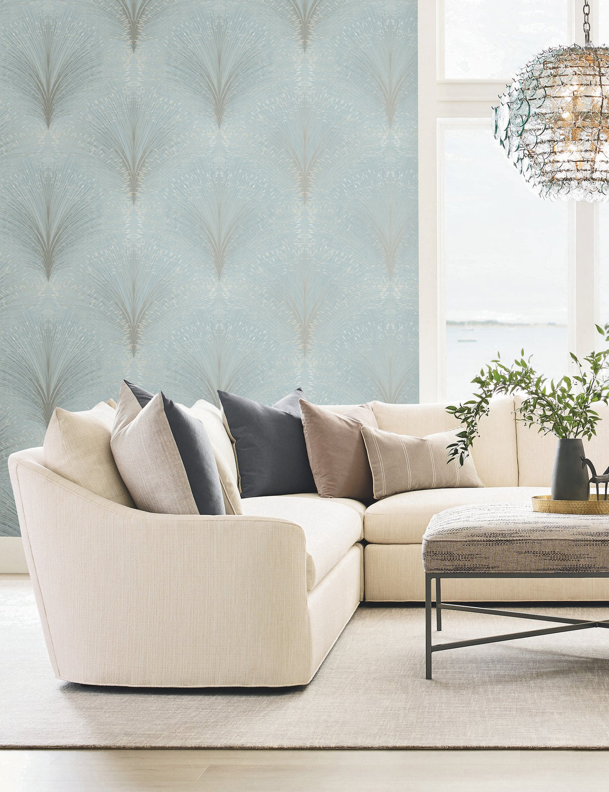 Papyrus Plume Sky Blue Wallpaper with Metallic Botanical Motif - York OI0685