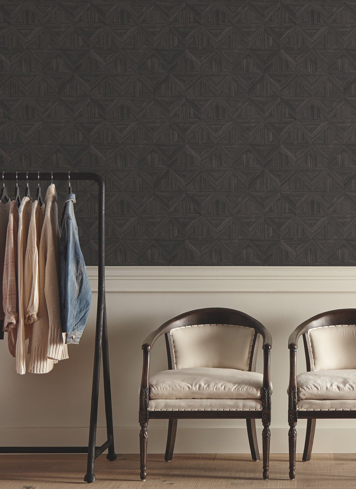 Parquet Black Wallpaper with Wood Inlay Honeycomb Motif - York OM3621