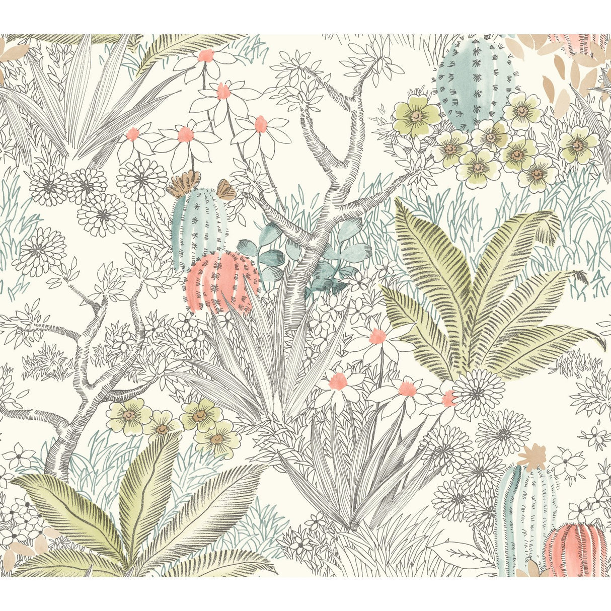 Flowering Desert Grey Wallpaper with Southwestern Floral and Cactus Motif - York ON1613