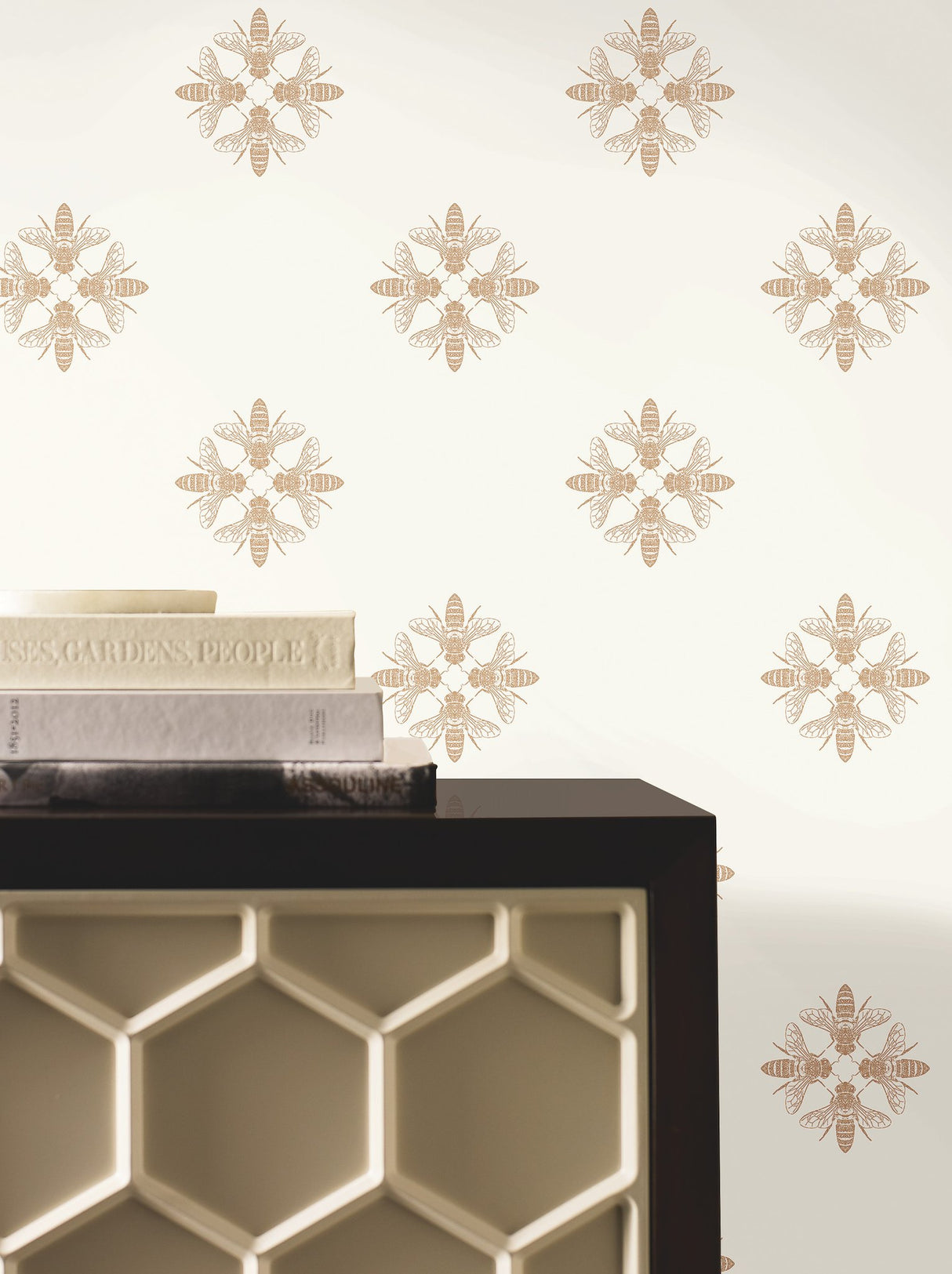 Honey Bee Gold & Cream Wallpaper with Metallic Bee Medallion Pattern - York ON1641