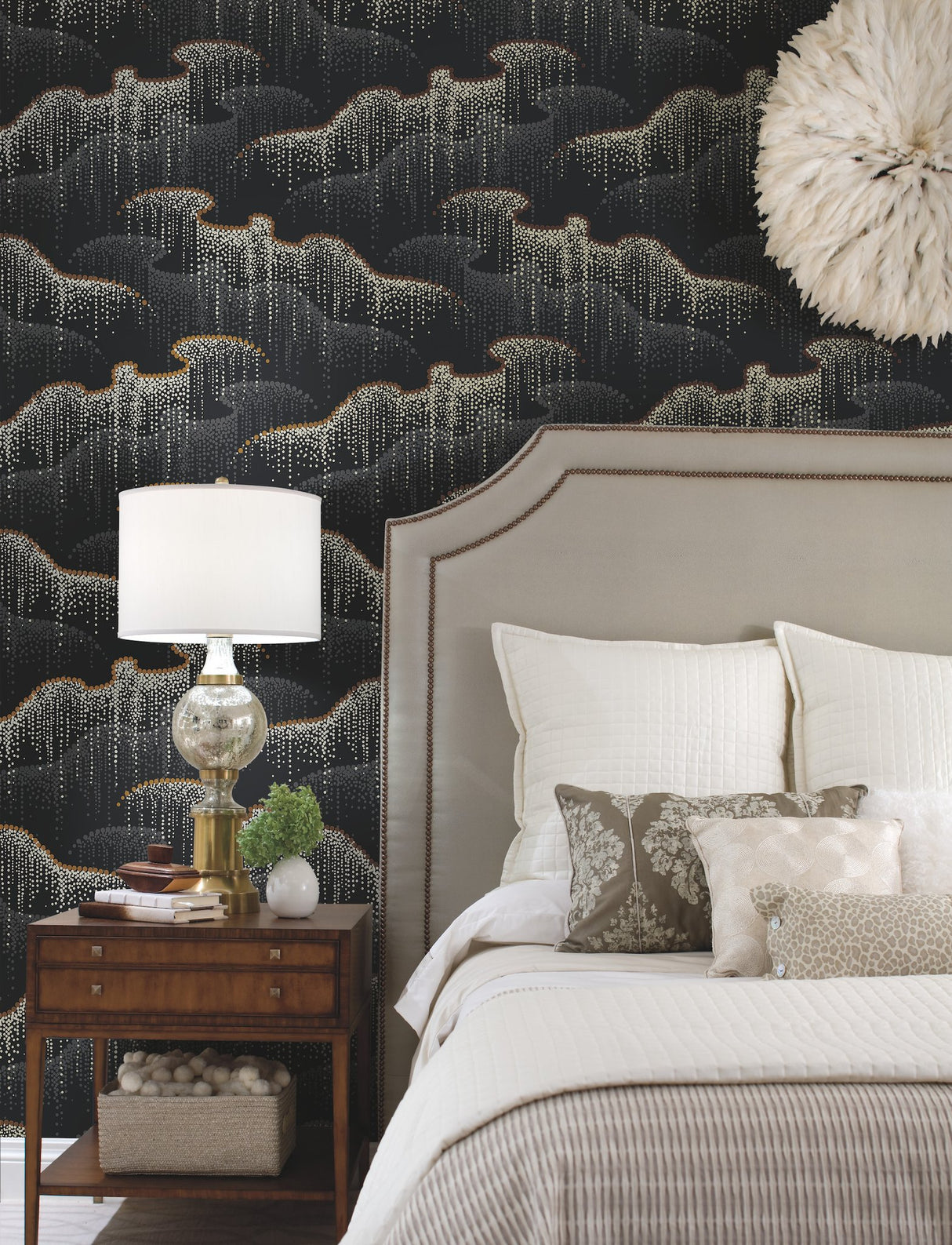 Moonlight Pearls Black Wallpaper with Metallic Geometric Dot Waterfall - York OS4261